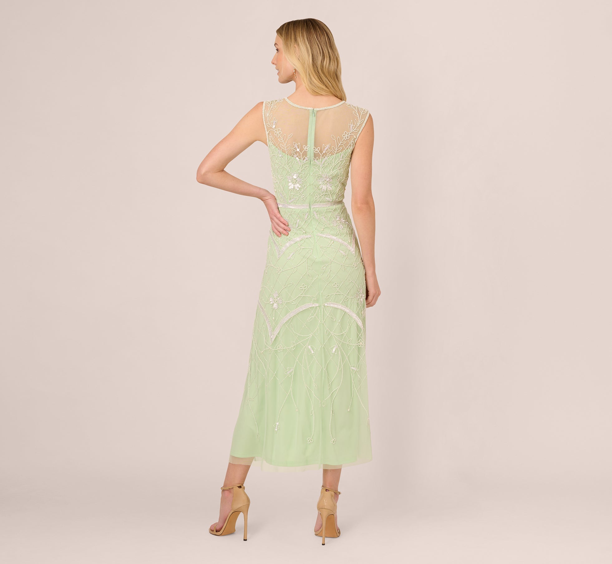 Elegant Beaded Ankle-Length Dress with Sheer Neckline in Aloe Mist Ivory - Perfect for Weddings, Parties & Special Occasions