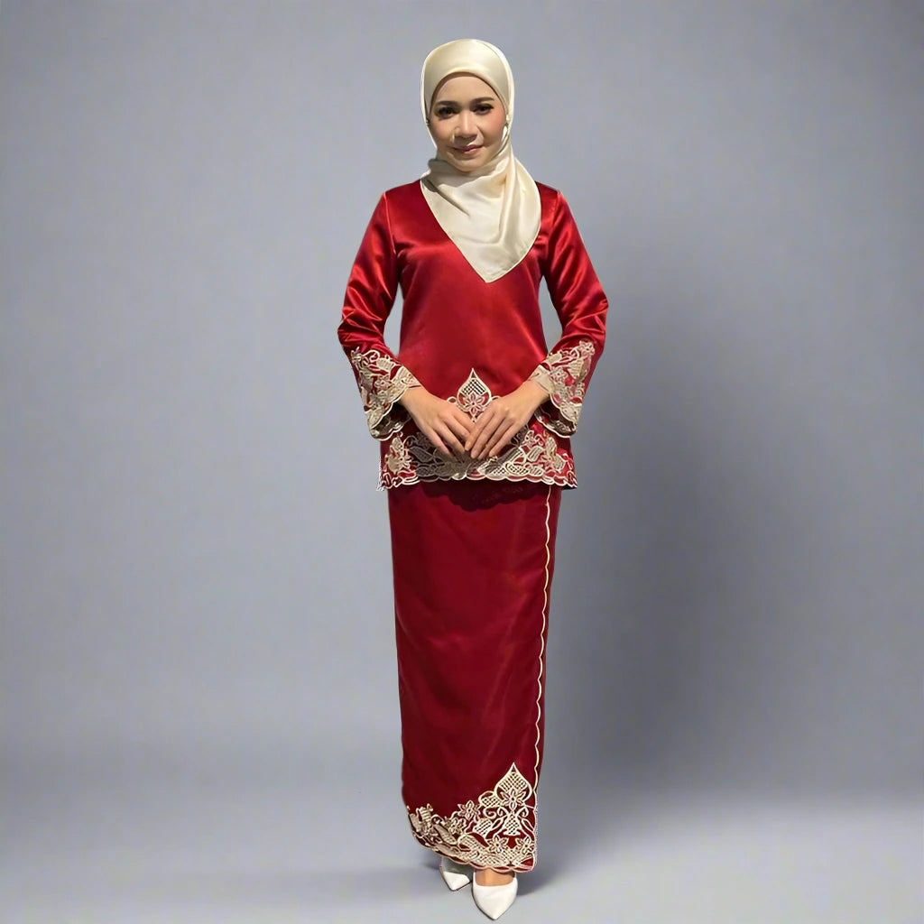2-Piece Satin Malaysian Embroidery Top and Skirt Set - Elegant Traditional Outfit for Women, Perfect for Weddings, Parties & Special Occasions