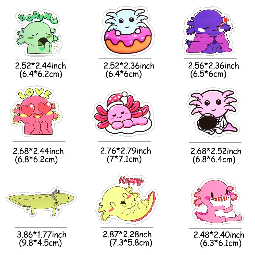 50 Pcs Cute Axolotl Stickers - Waterproof Vinyl Decals for Water Bottles, Laptops, Scrapbooks - Fun Decorative Stickers for Girls & Teens - Perfect for School Supplies, DIY Crafts & Room Decor