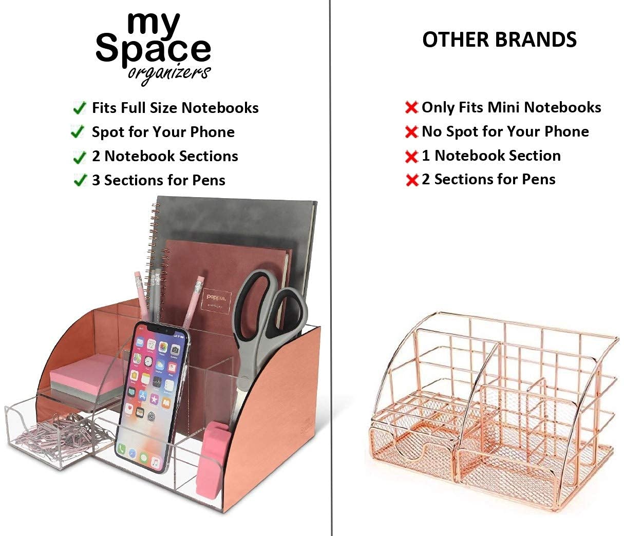 Rose Gold Acrylic Desk Organizer with 9 Compartments & Drawer - Pen Holder & Office Supplies Storage - Stylish Desktop Organization for Home & Office Workspace