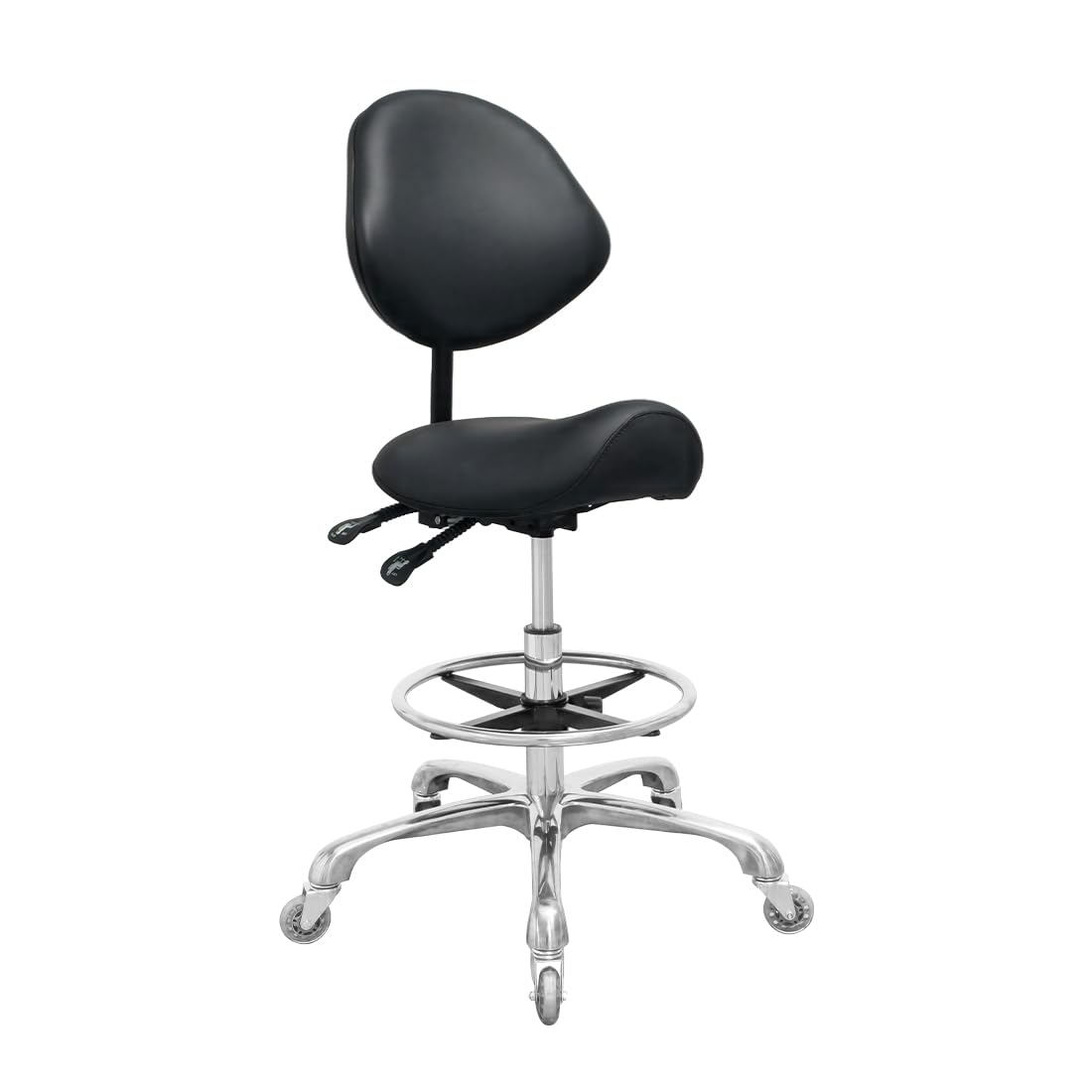 Heavy-Duty Hydraulic Adjustable Saddle Stool with Back Support & Footrest - 350LBS Capacity, Swivel Rolling Chair for Salon, Spa, Massage, Dental Clinic, Home & Office Use (Black) - Perfect for Hair Stylists, Therapists & Long Work Sessions