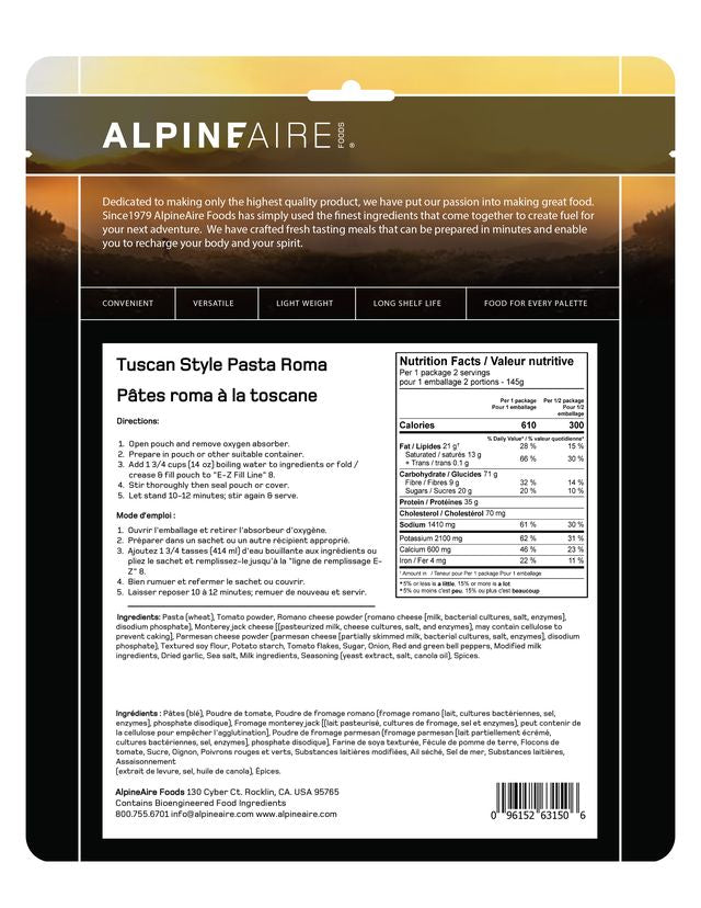 AlpineAire Tuscan Style Pasta Roma - Authentic Italian Pasta for Home Cooking | Perfect for Family Dinners & Italian-Themed Parties