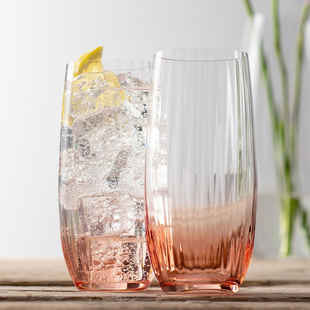 Galway Crystal Erne Hiball Glasses Set of 2 - Elegant Blush Pink Tumbler Glasses for Cocktails, Whiskey & Home Bar Decor - Perfect for Parties, Weddings & Gifts