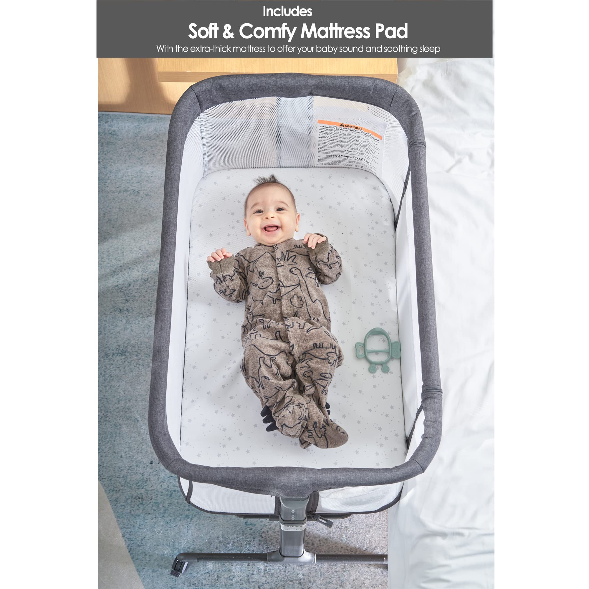 Portable Baby Bassinet Bedside Sleeper with Wheels - Lightweight Foldable Crib for Newborns & Infants, Breathable Mesh & Adjustable Height (Grey) - Perfect for Nursery, Bedroom Co-Sleeping & Travel