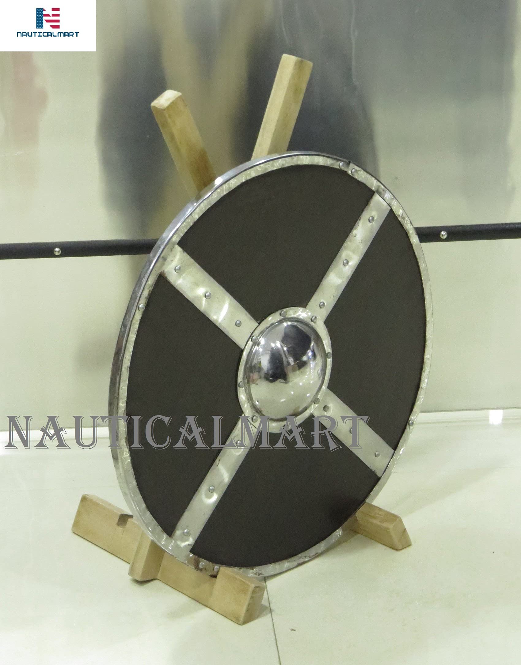 NauticalMart Armor Shield Stand - Premium Wooden Display Stand for Swords, Knives & Collectibles - Perfect for Home Decor, Medieval Themed Rooms & Weapon Collections