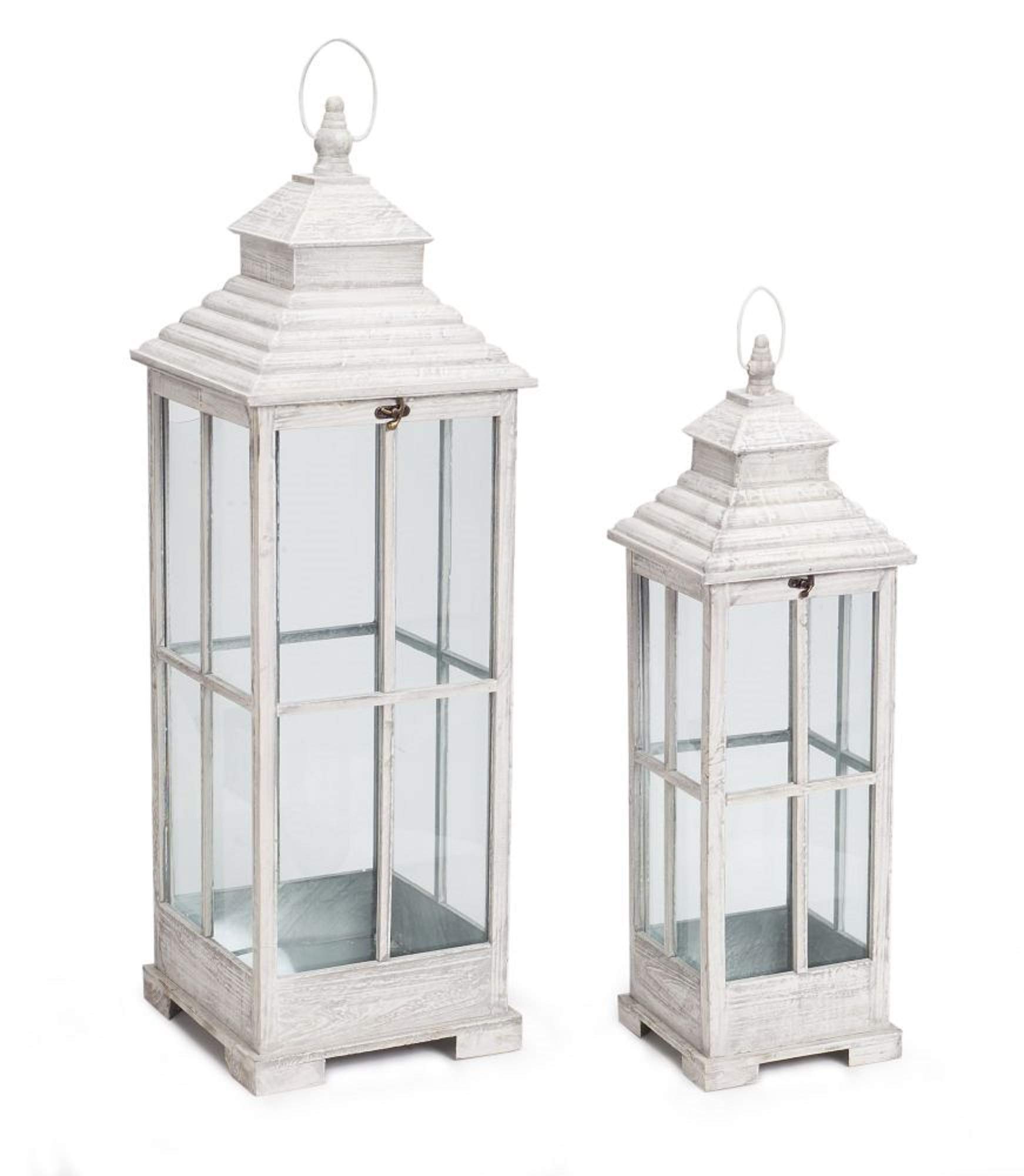 Set of 2 White Distressed Finish Elegant Candle Lantern with Glass Door - 33