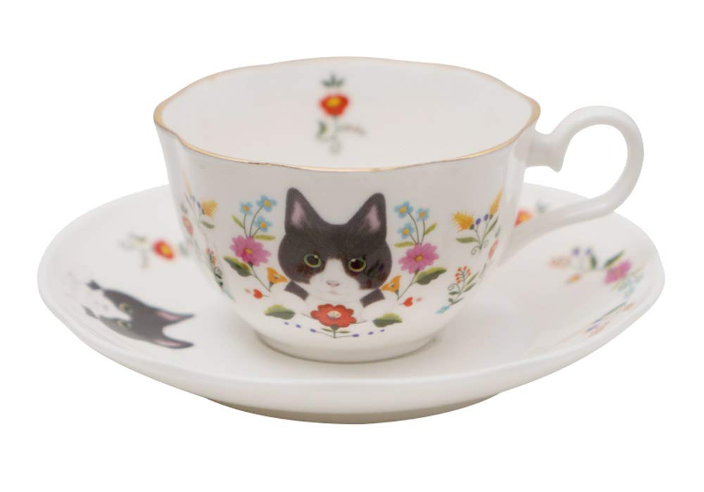 123Arts Ceramic Cat and Flower Coffee Mug Teacup Set with Saucer - Cute Cat-Themed Tea Cup for Coffee, Tea & Hot Drinks - Perfect for Home, Office & Gifts
