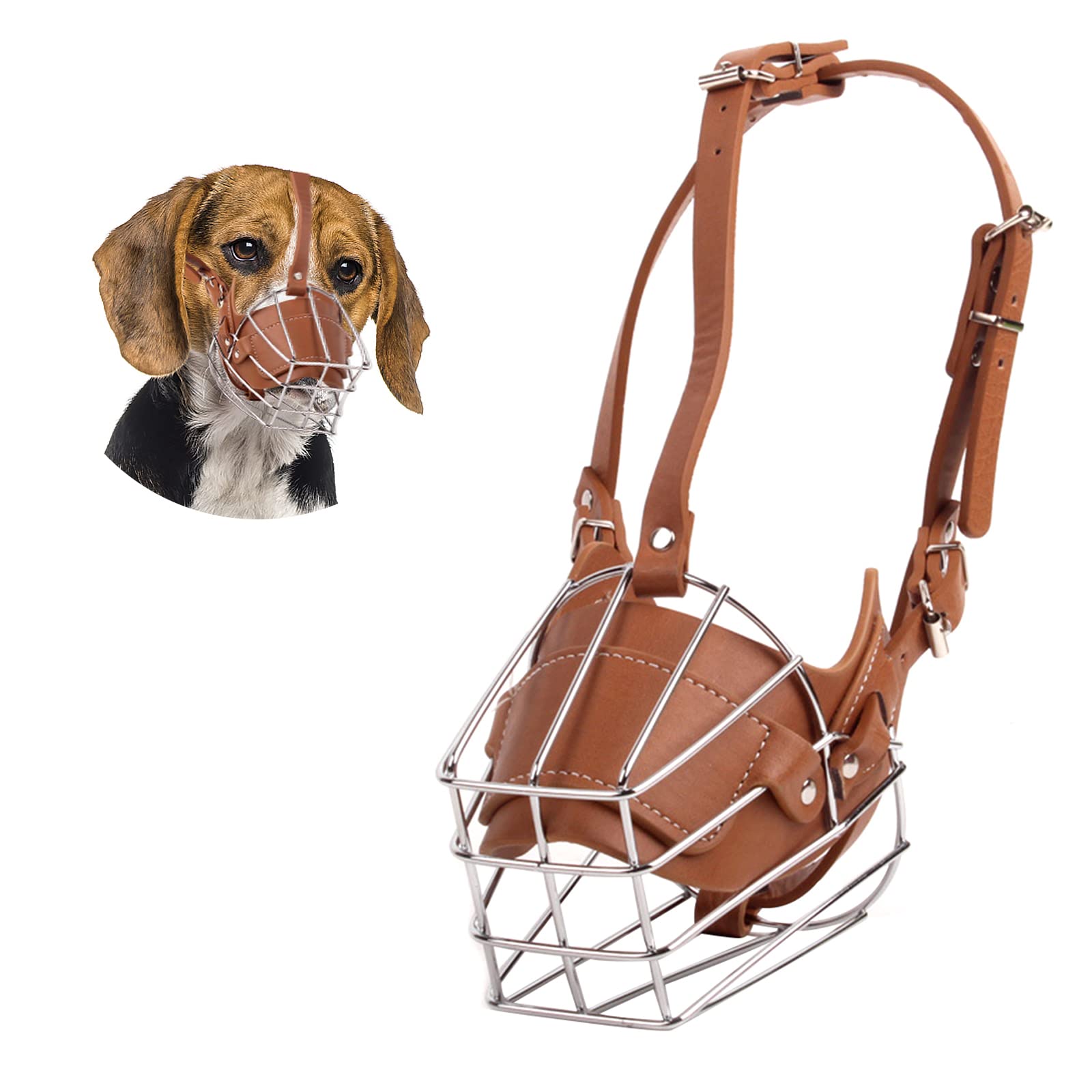 Durable Adjustable Metal Basket Dog Muzzle for Medium & Large Dogs - Anti-Bite Chew Proof Leather Strap Muzzle with Panting & Drinking Design (Brown) - Perfect for Training, Grooming, and Vet Visits
