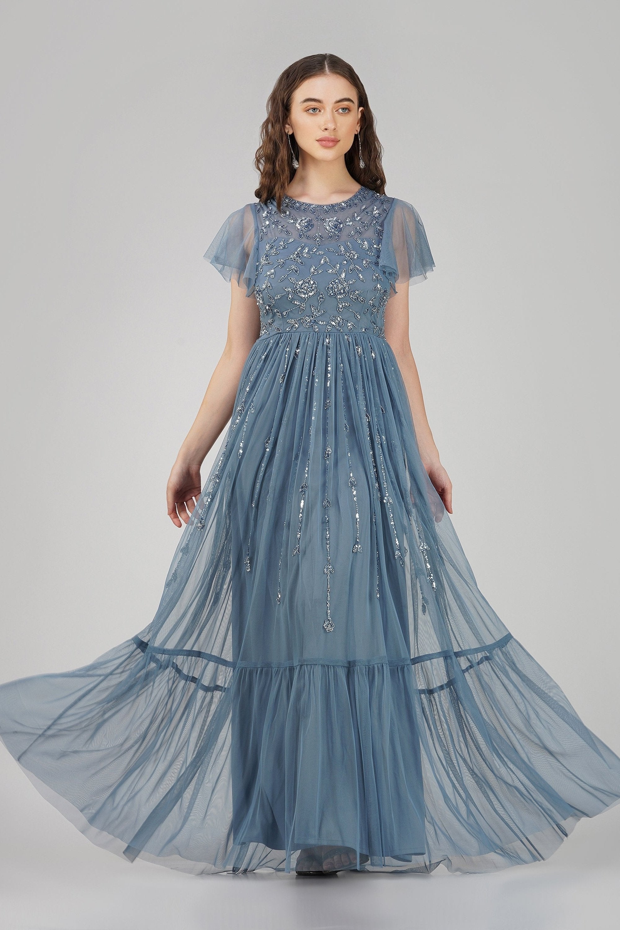 Elegant Marly Blue Embellished Maxi Dress for Women - Perfect for Weddings, Parties & Special Occasions | Flowy Long Formal Gown with Beaded Details