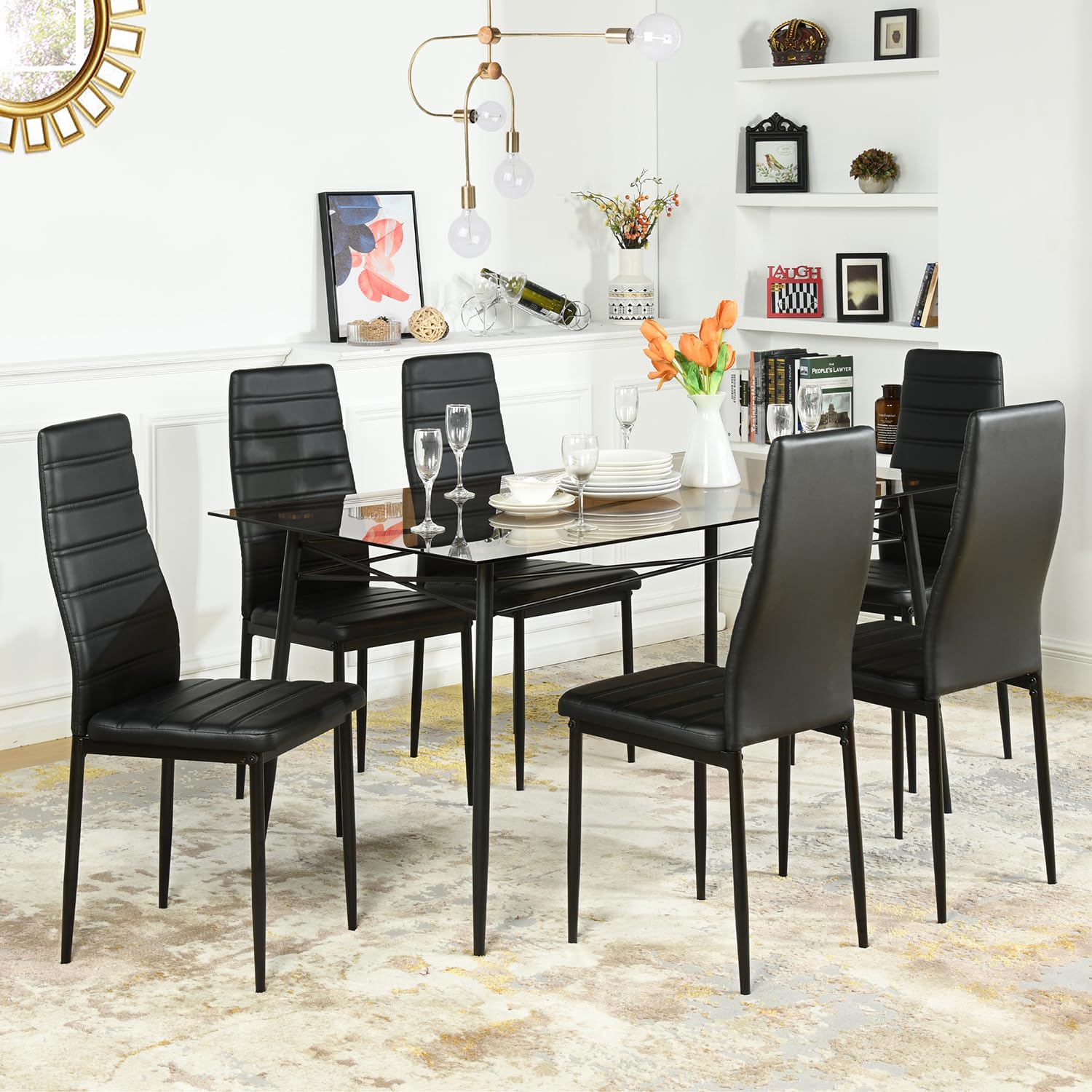 Homy Casa Set of 6 Modern Dining Chairs - Armless Upholstered Side Chairs with PVC Fabric & Sturdy Metal Legs, Comfortable Padded Kitchen Dining Room Living Room Chairs in Black - Perfect for Home, Restaurant, Cafe and Office Use