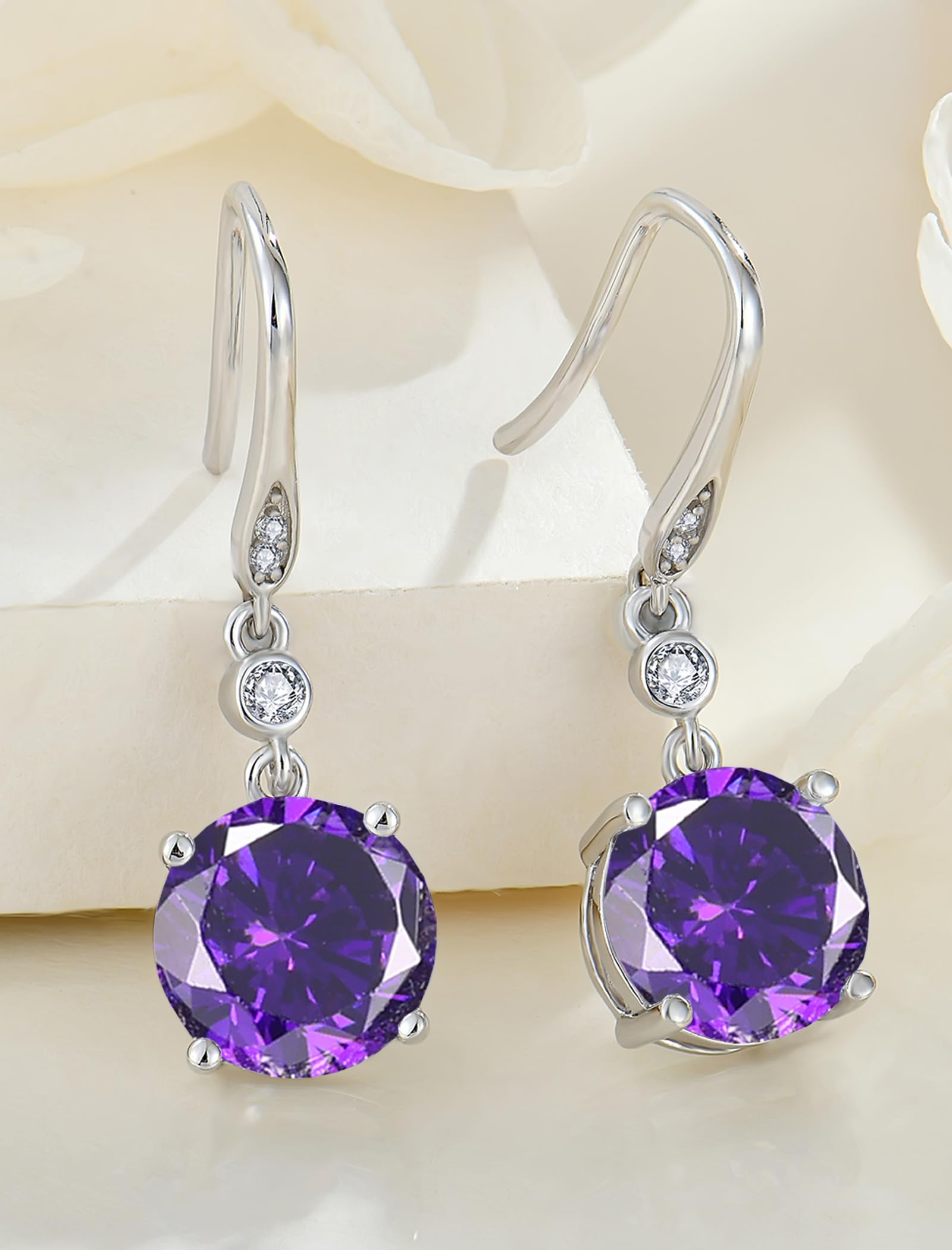 Sterling Silver Solitaire Drop Earrings with Round Birthstone - Dangle Hook Jewelry for Women | Perfect for Gifts, Parties & Everyday Wear