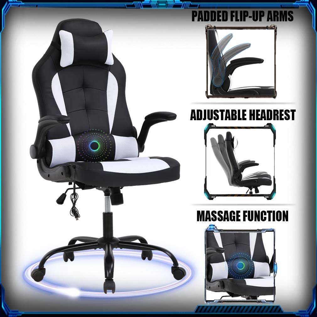 Premium Ergonomic PC Gaming Chair with Massage & Lumbar Support - Heavy Duty Racing Style Office Chair with Adjustable Headrest & Flip-Up Arms - Best Home & Video Game Desk Chair for Long Gaming Sessions - White