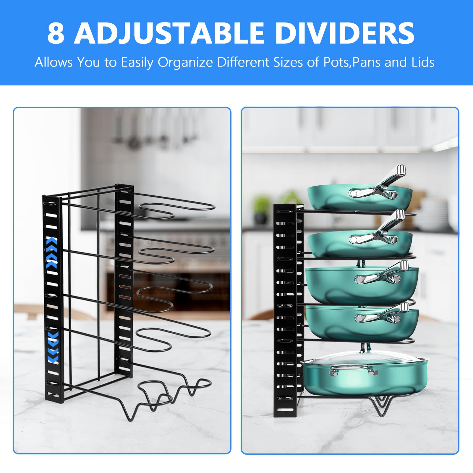 8-Tier Adjustable Kitchen Pot and Pan Organizer for Cabinet - Space-Saving Cookware Storage with 3 DIY Installation Methods & Lid Holders - Perfect for Small Kitchens, RVs, and Apartment Organization (Black)