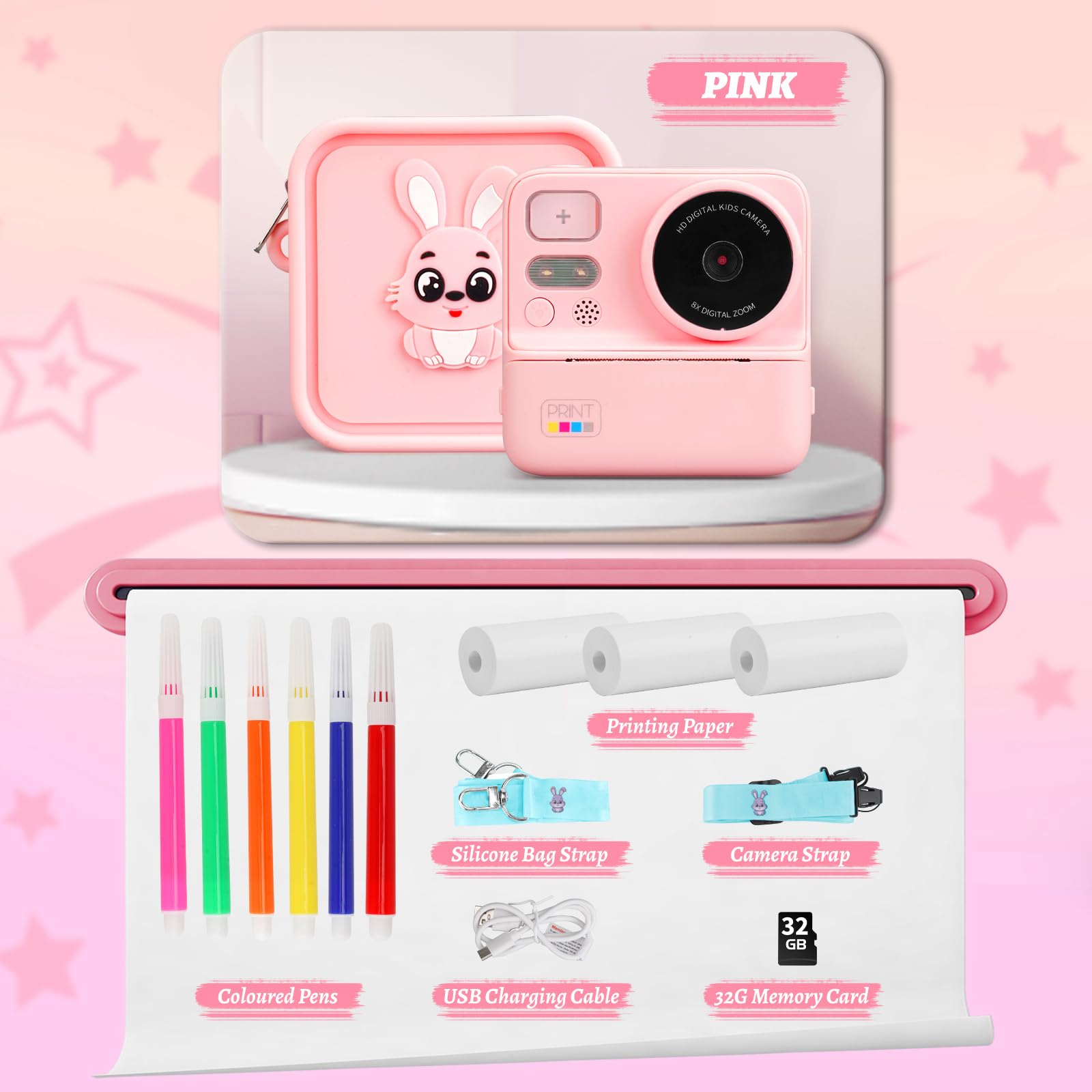 Instant Print Kids Camera with Silicone Cover - Dual Lens Digital Camera Toy for Boys & Girls Ages 3-12 | Perfect Birthday Gift for Toddlers, Travel & Family Fun (Pink)