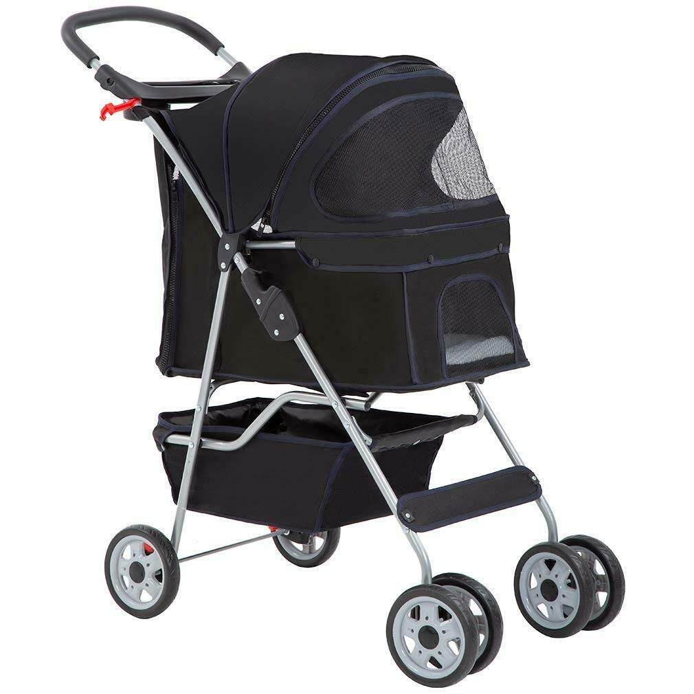 4 Wheel Pet Stroller for Cats & Dogs - Foldable Travel Carrier with 5 Color Options (Black) | Perfect for Vet Visits, Outdoor Adventures & Shopping Trips
