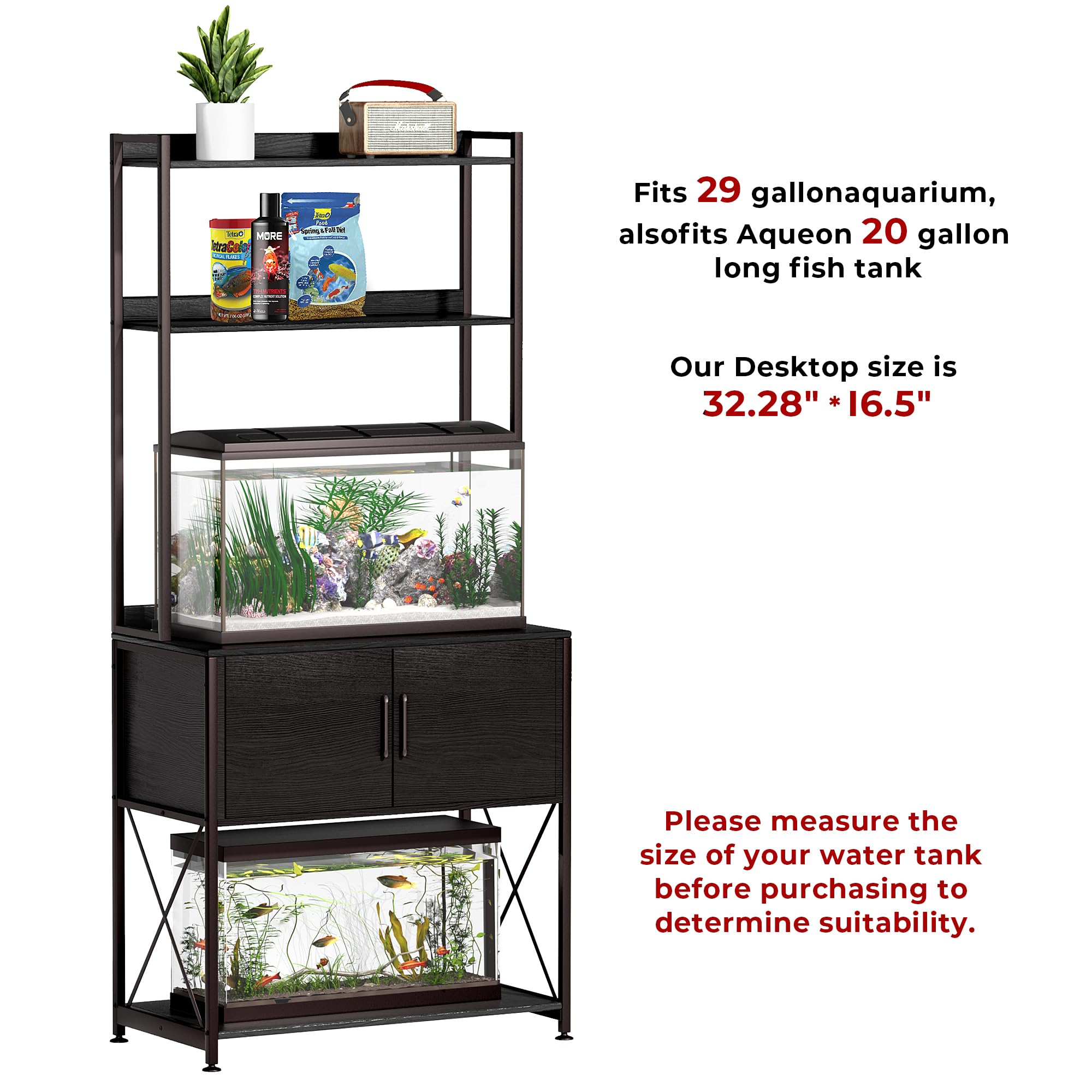 20-29 Gallon Fish Tank Stand with 2 Shelves & Storage Cabinet - Heavy Duty Metal Aquarium Stand (32.28
