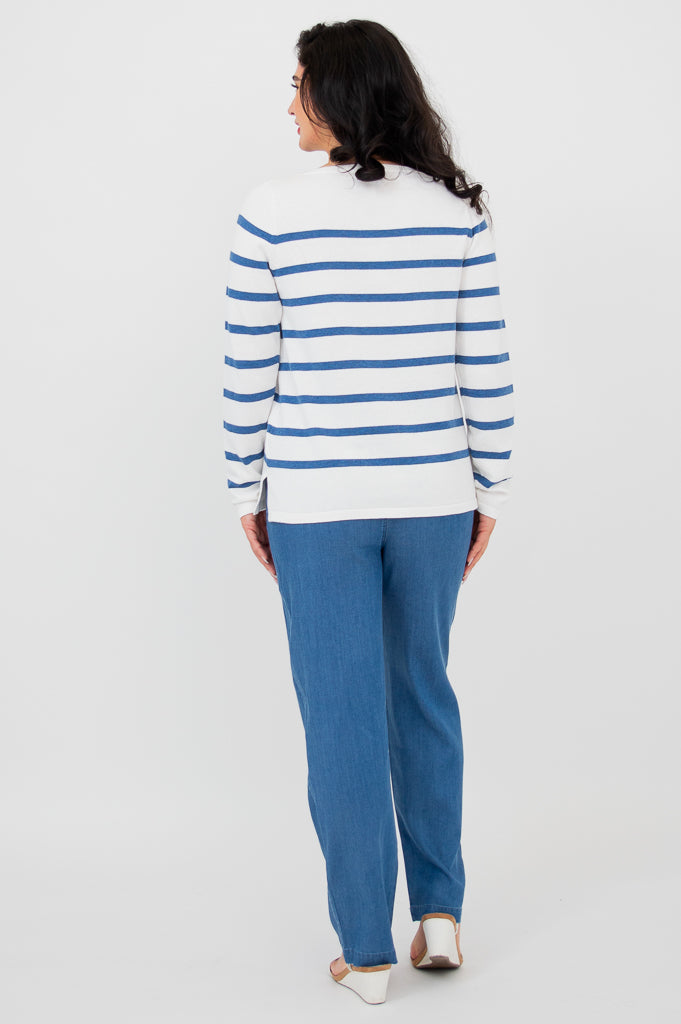 Frida Sweater for Women - Soft Cotton Denim Stripe Pullover - Casual Comfort for Everyday Wear & Outfits