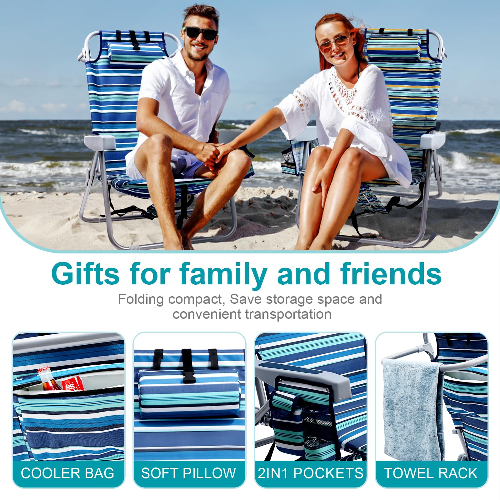 Heavy Duty Beach Chairs for Adults - Portable Folding Chair with Backpack Straps & Large Cooler Pouch, Supports 350LBS - Compact Lay Flat Design (Blue & Cyan Stripes) - Perfect for Beach, Camping, Picnics and Outdoor Relaxation