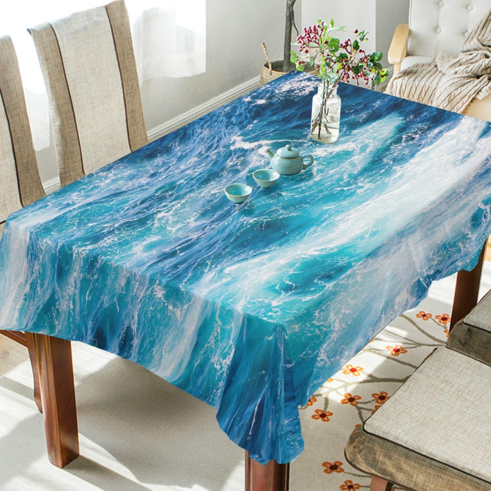 Blue Ocean Wave Pattern Polyester Tablecloth 60 x 108 Inch - Rectangle Dining Table Cover for Beach Party Decor, Wedding Reception & Coastal Home Decor