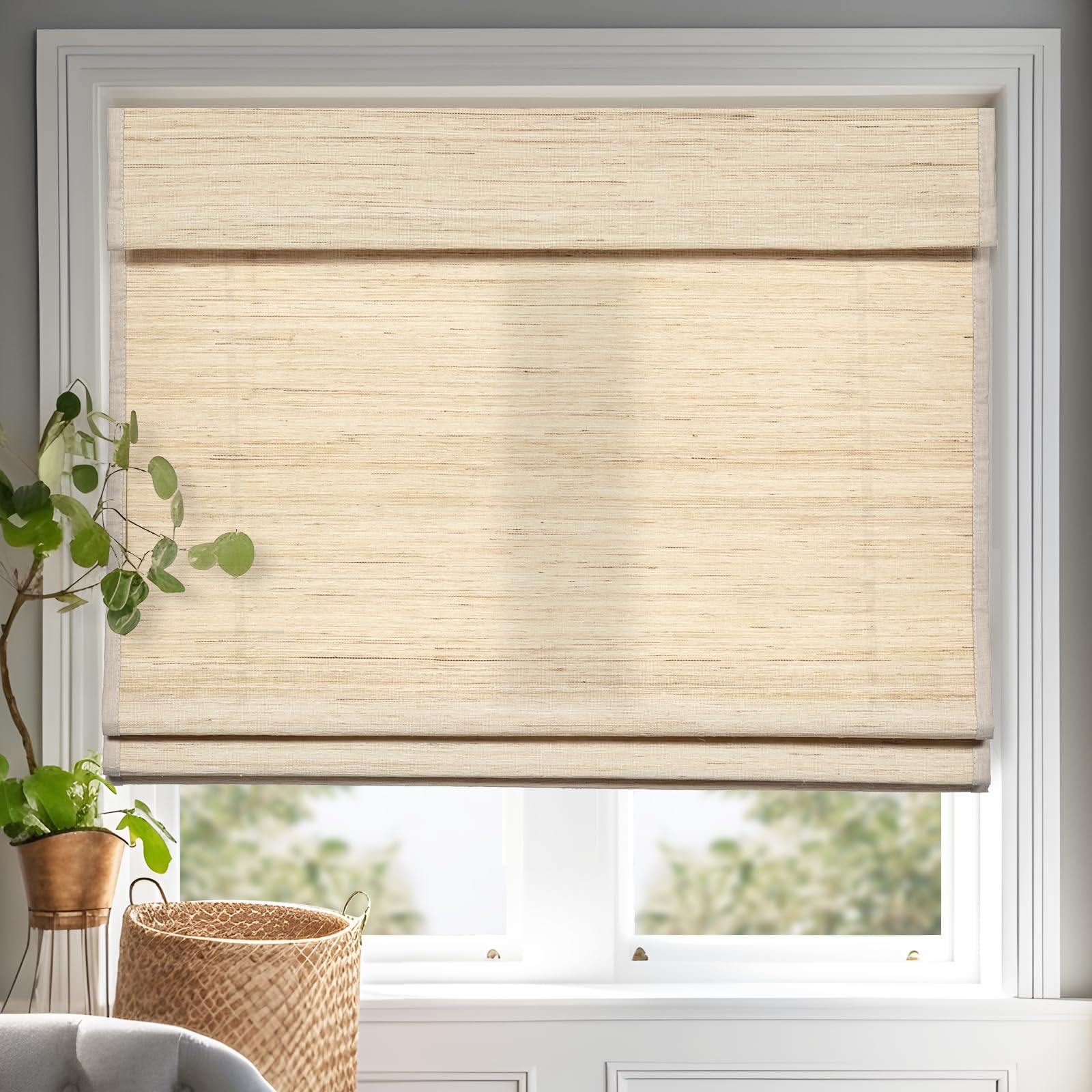 Persilux Cordless Roman Shades for Windows - Linen Natural Fabric Window Blinds with Privacy Liner (Blocks 60%-80% Light) - Beige Home Kitchen Door Shades - 35