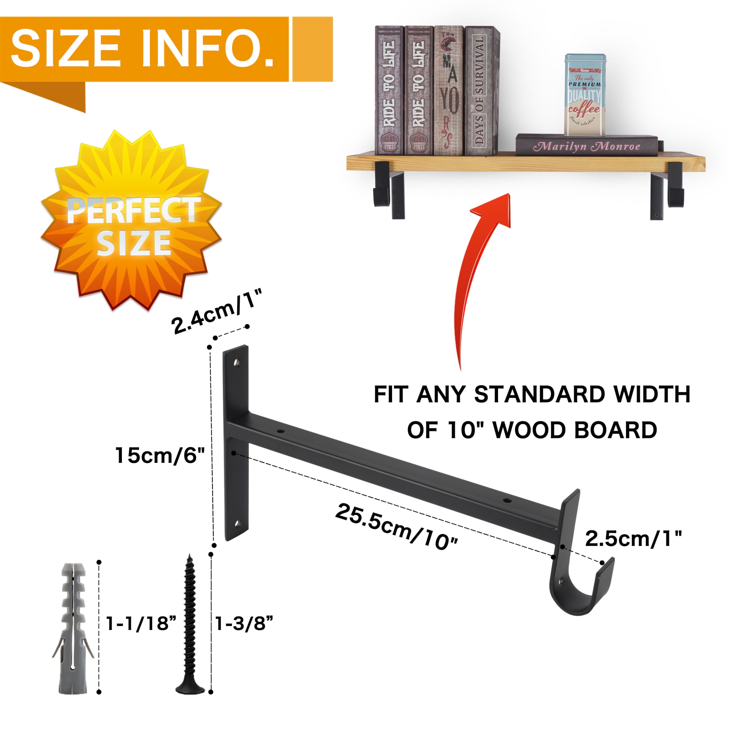 Heavy Duty 10 Inch Black Closet Shelf Brackets with Rod Support & Hook - 6 Pack Wall Mounted for Closet Organization, Wardrobe Storage & Home Decor - EZYDECOR