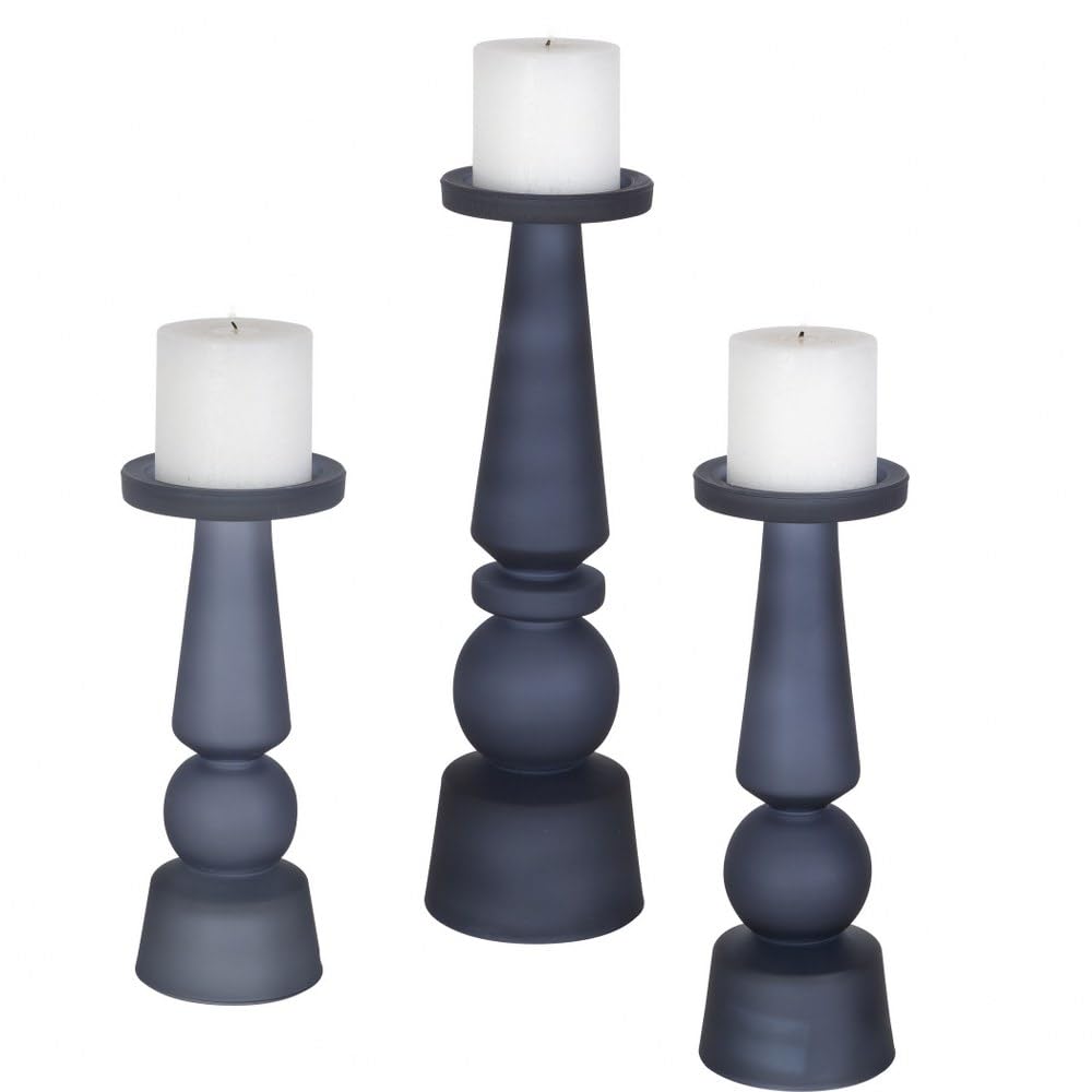 Uttermost Cassiopeia Midnight Blue Glass Pillar Candle Holders - Set of 3 for Home Decor, Wedding Centerpieces & Tabletop Decorations