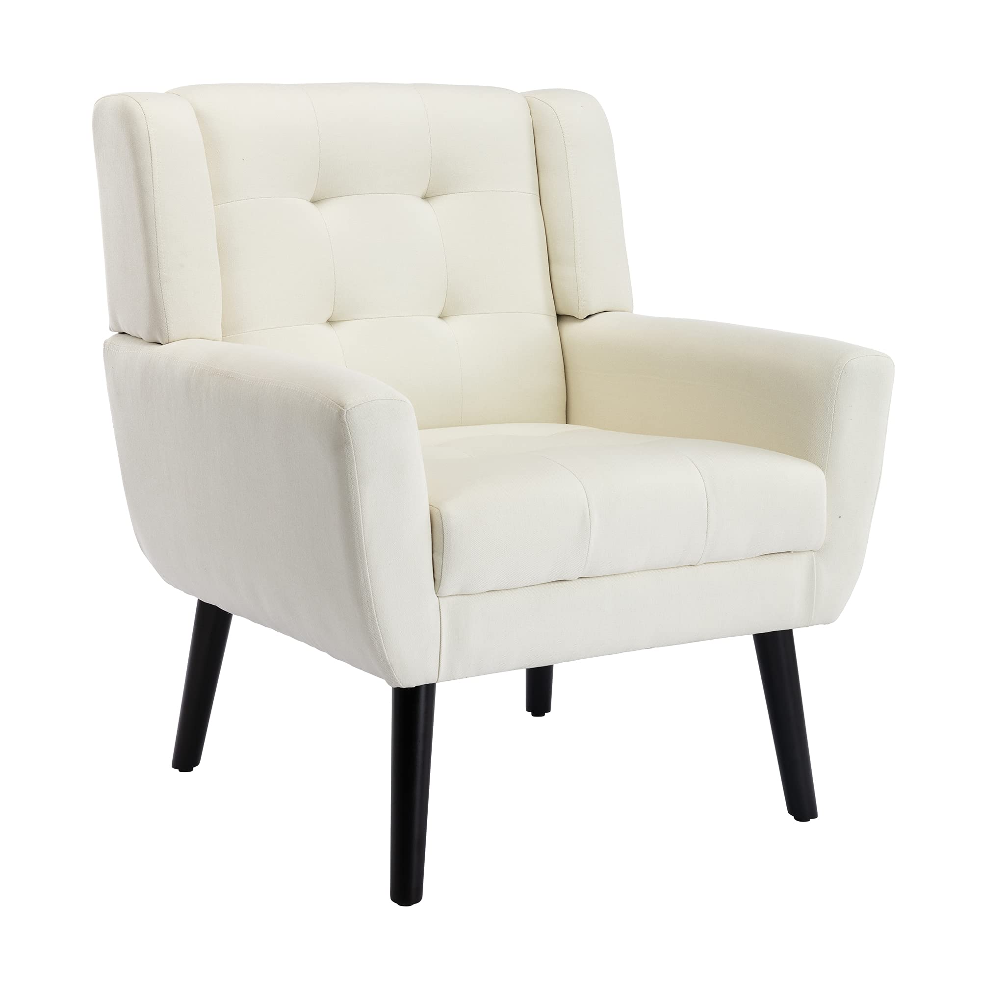 Modern Upholstered Button Tufted Accent Chair with Black Legs - Beige Linen Fabric Armchair for Living Room, Bedroom & Home Decor | Ergonomic Support & Stylish Seating