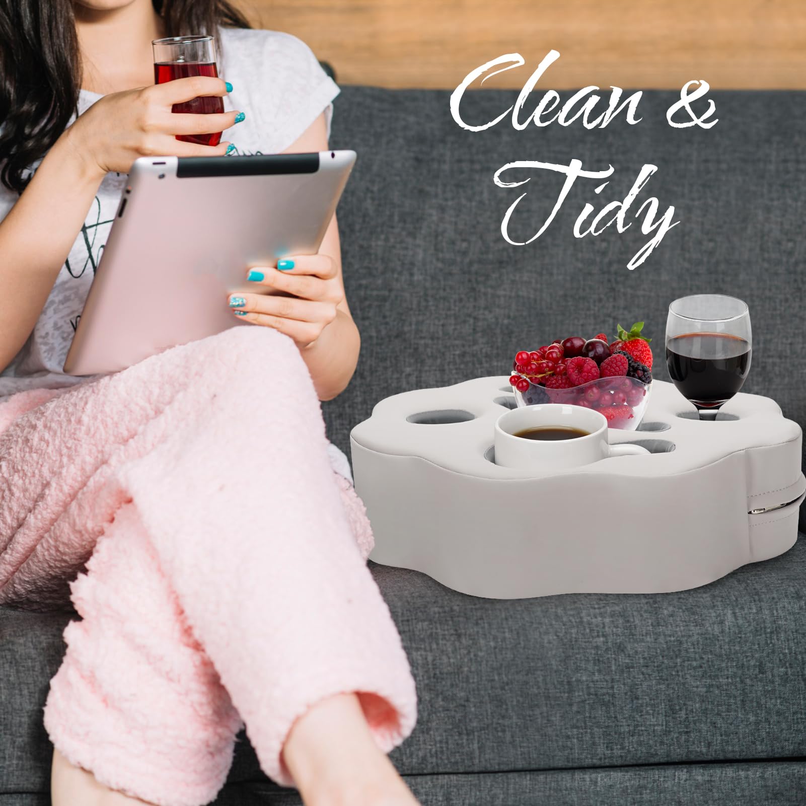 PU Grey Couch Cup Holder Pillow - Sofa Drink Holder for Drinks, Remotes, Phones & Snacks | Multi-Use Caddy for Bed, Car, Picnic, Beach & RV | Perfect for Home, Travel & Outdoor Relaxation
