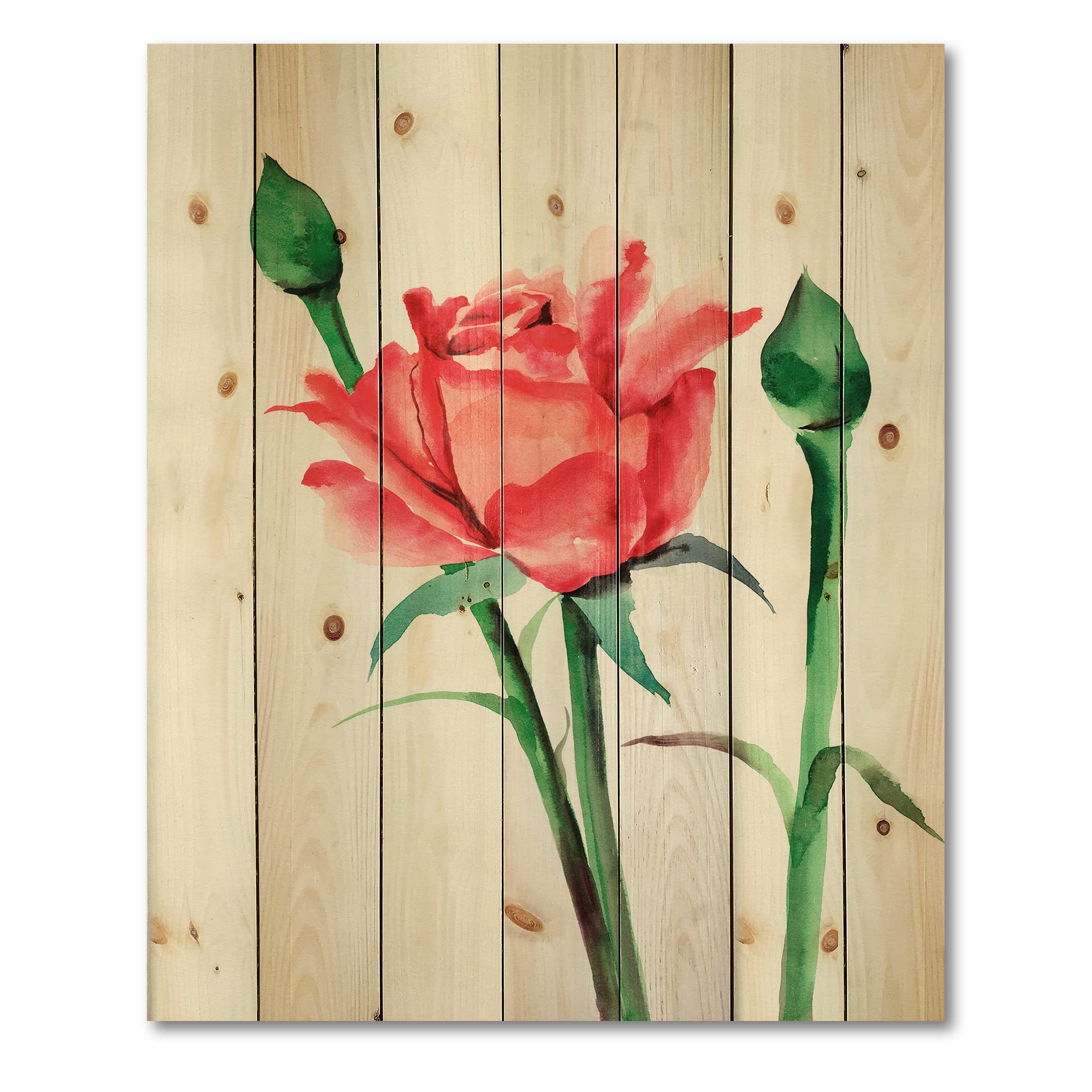 DesignQ Red Rose With Buds - Traditional Floral Print on Natural Pine Wood for Home Decor, Wall Art, and Gift Giving