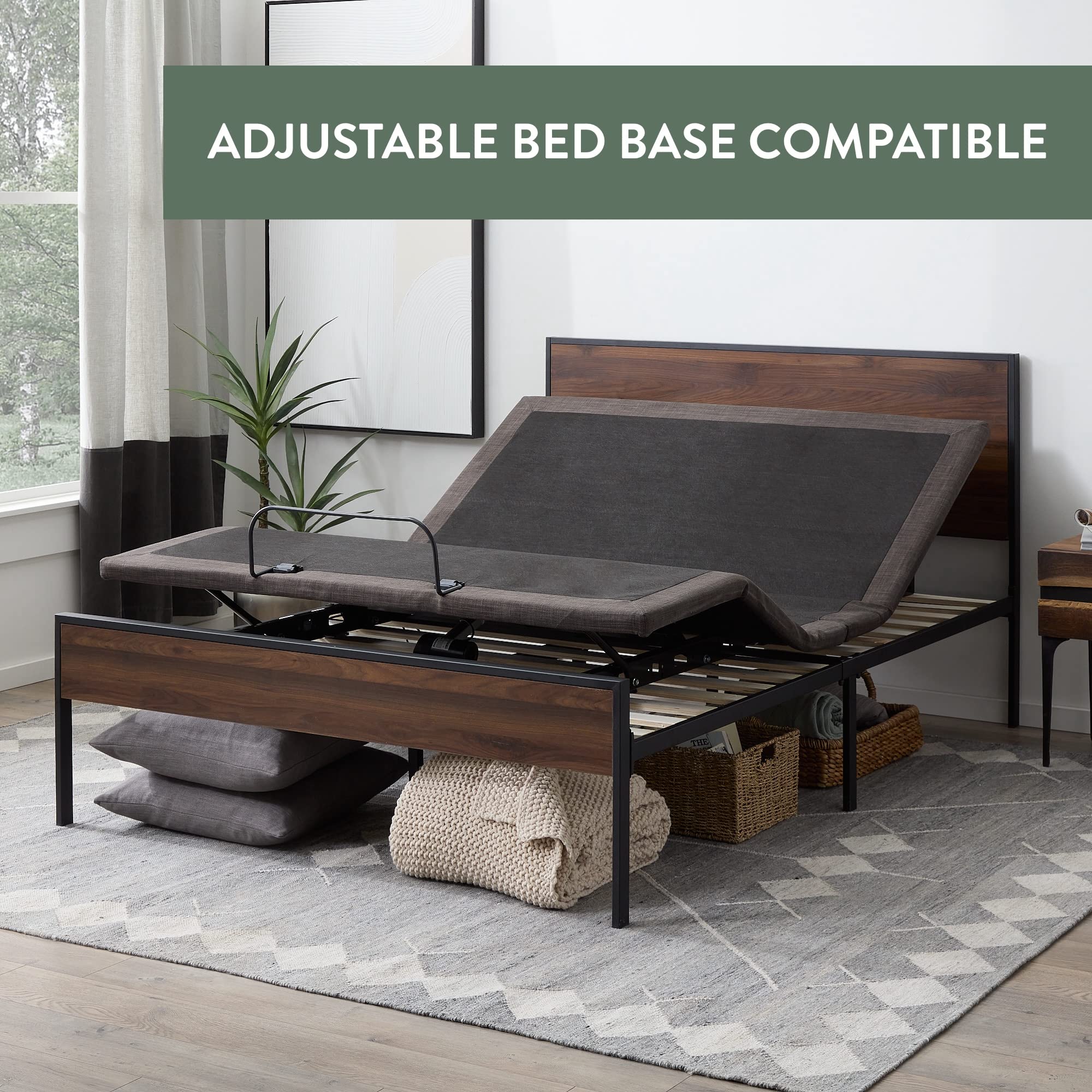 Edenbrook Queen Size Metal Platform Bed Frame with Wood Headboard & Footboard - Brown Oak Finish - No Box Spring Needed - Perfect for Modern & Farmhouse Bedrooms
