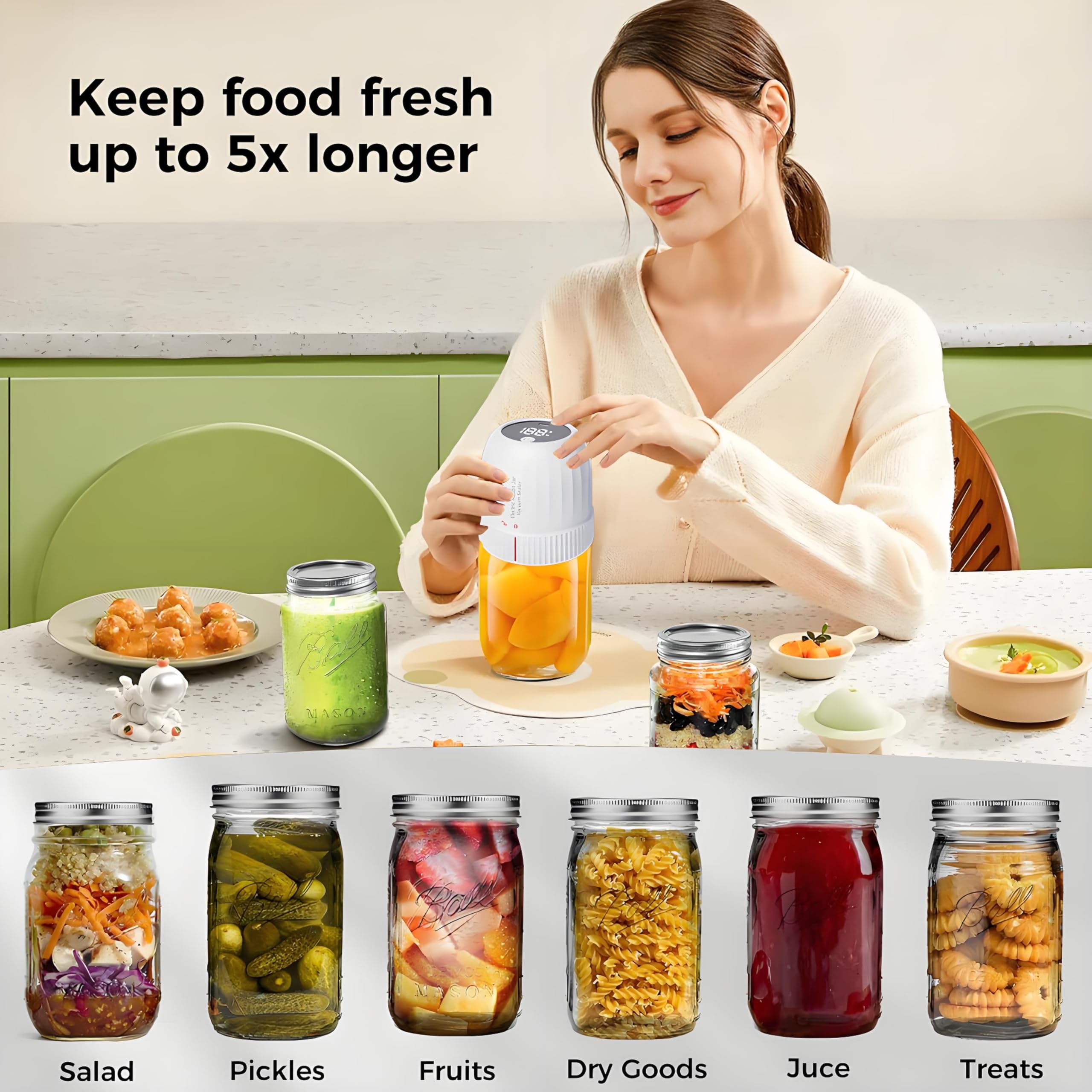 Upgraded 3-in-1 Electric Mason Jar Vacuum Sealer Kit - Wide Mouth & Regular Jar Sealer with Super Suction for Food Preservation | Perfect for Canning, Meal Prep & Long-Term Food Storage (White)