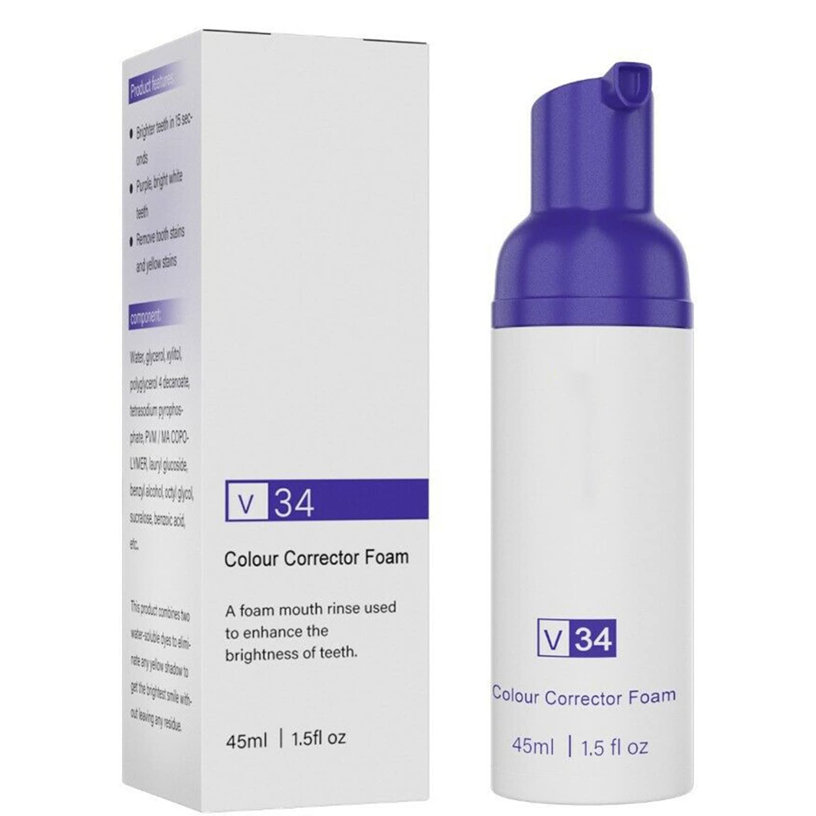 V34 Foam Color Corrector - Purple Toothpaste for Teeth Whitening & Stain Removal, Reduces Yellowing & Brightens Teeth (1 Pack) | Perfect for Daily Oral Care & Enhancing Smile Confidence
