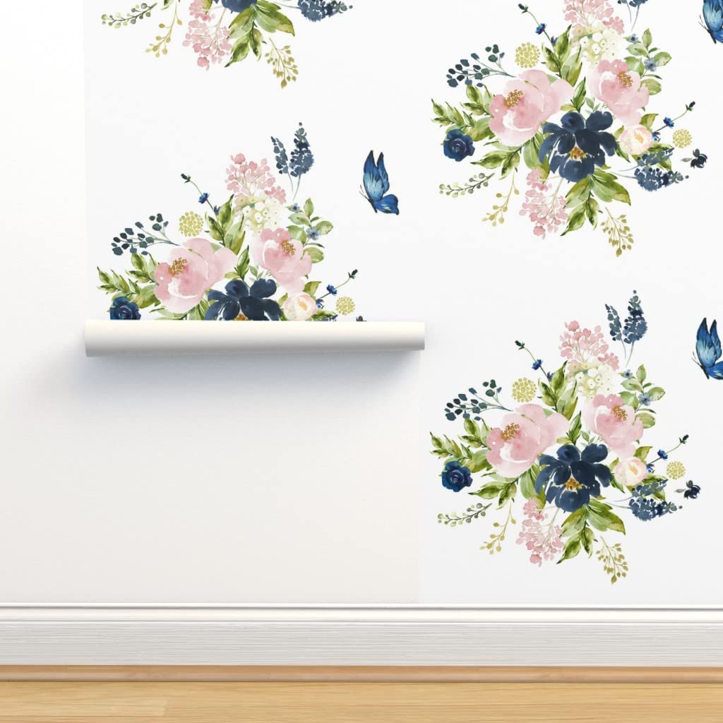 Premium Commercial Grade Wallpaper 27ft x 2ft - Indigo Pink Floral Bouquet with White Flowers, Boho Butterflies & Blue Watercolor Design | Traditional Peel & Stick Wallpaper by Spoonflower | Perfect for Living Room, Bedroom, Nursery & Home Decor