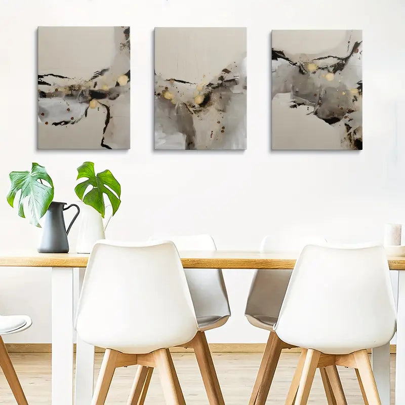 3-Piece Abstract Black Grey Gold Metal Wall Art Prints - Classic Modern Design, Ready to Hang - Perfect for Living Room, Bedroom & Office Decor