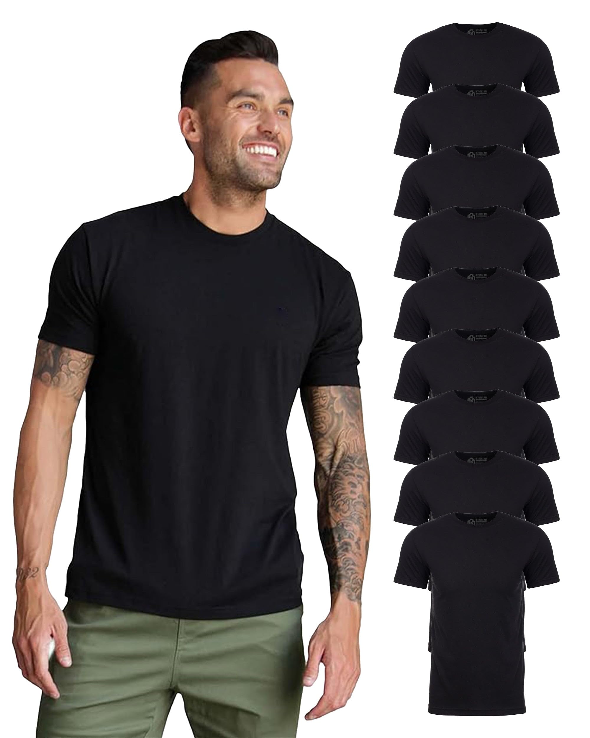 Premium Men's Fitted T-Shirt 9-Pack - Soft Cotton Classic Crew Neck Essential Tees for Men (Black, Large) | Multipack Casual Shirts for Everyday Wear, Gym & Layering