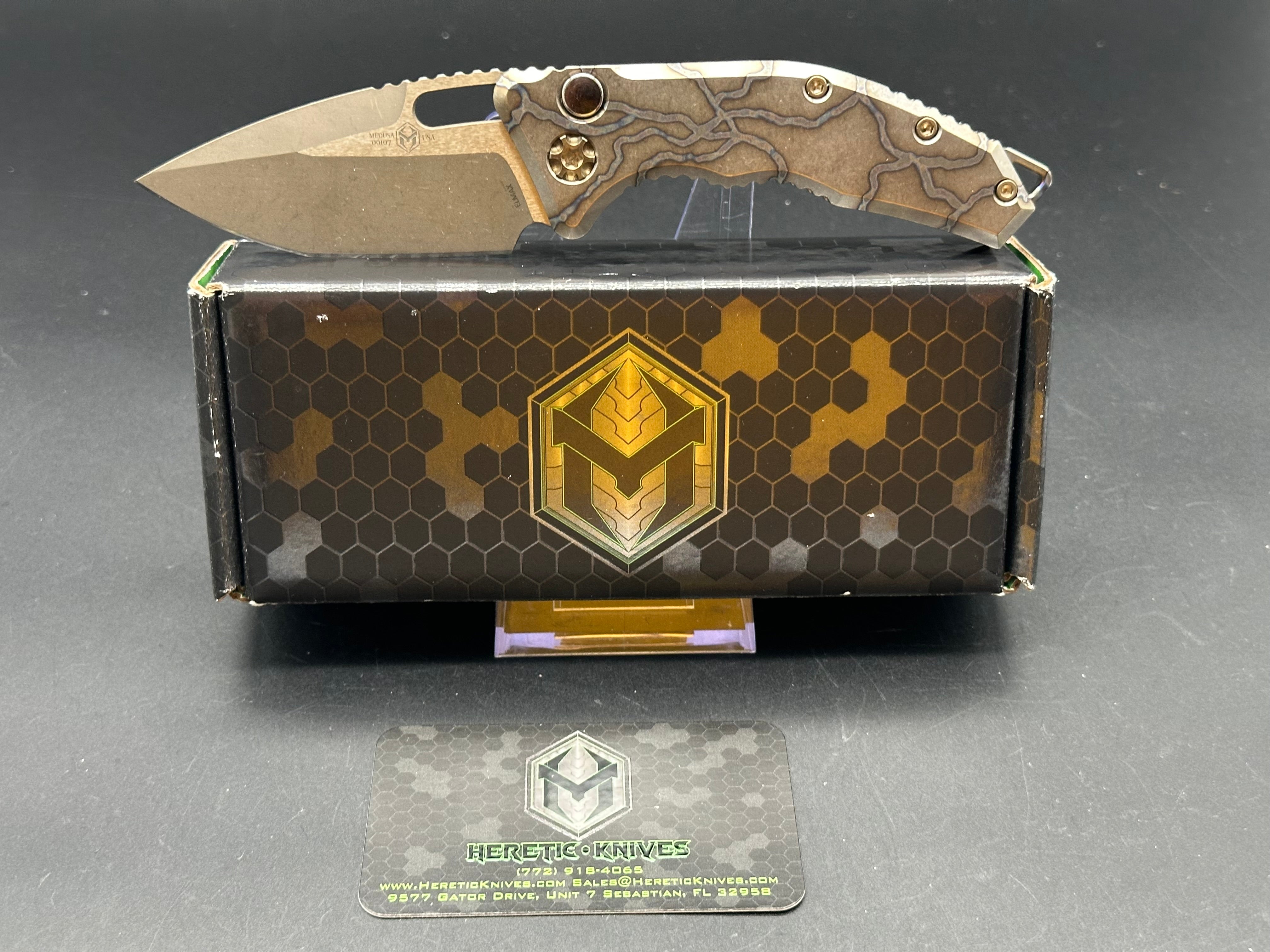 Heretic Medusa Battleworn Bronze Tanto Knife - Flamed Titanium Handle with 3 Bronze Accents | Tactical EDC, Outdoor Survival, and Collector's Item