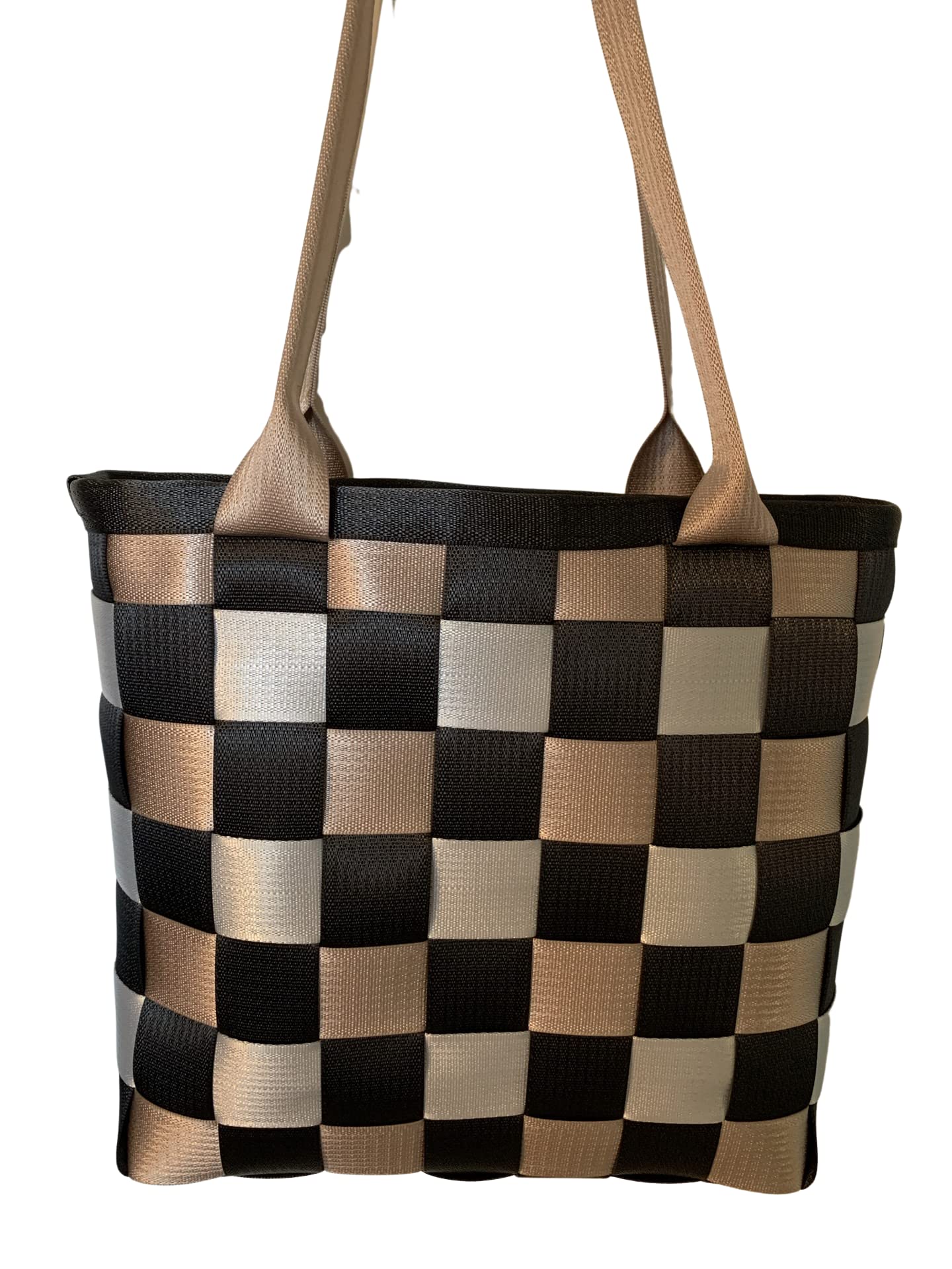 Large Seat Belt Tote Bag - Black/Silver/Tan Weave Style - Extra Large Durable Washable Handbag for Women - Perfect for Work, Travel & Everyday Use