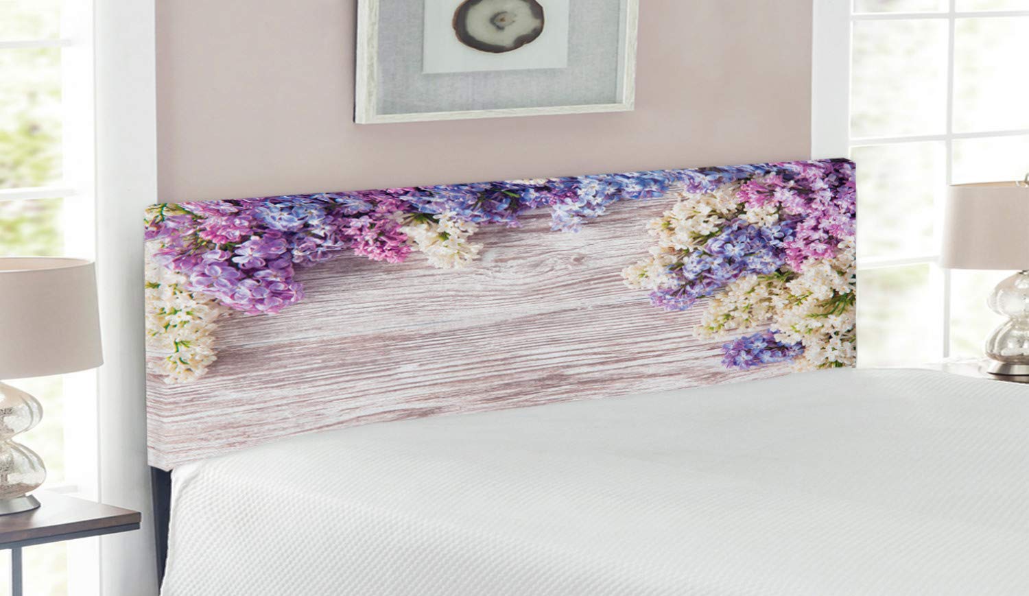 Ambesonne Rustic Upholstered Headboard with Memory Foam - Queen Size Lilac Floral Design on Wood Table for Bedroom Decor | Romantic Spring Nature Theme in Violet & Taupe | Perfect for Master Bedroom, Guest Room & Home Staging