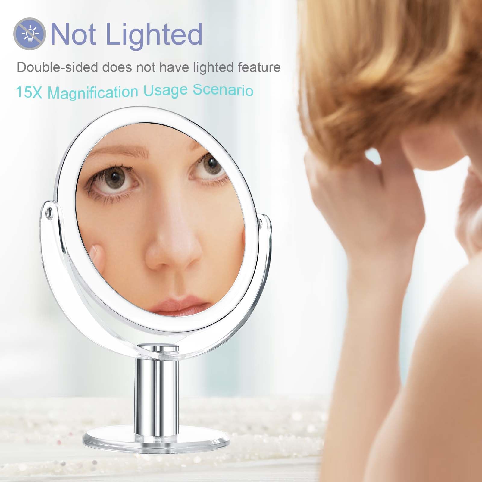 Vanity Mirror with Stand - 1X/15X Magnification Double Sided 360° Swivel Makeup Mirror (7.4 Inch) for Precise Makeup Application, Skincare & Eyebrow Grooming - Perfect for Bathroom, Bedroom & Travel