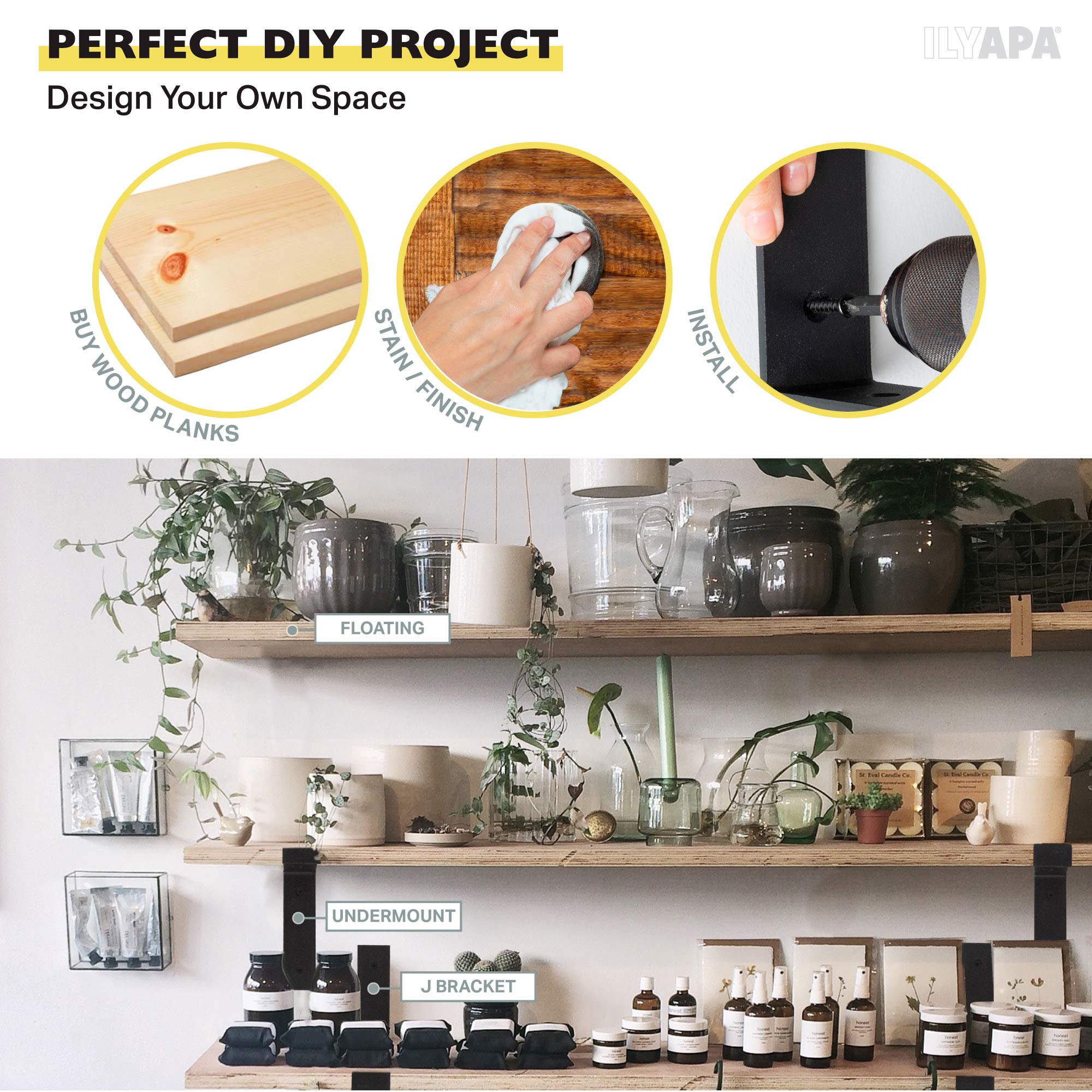 Heavy Duty Floating Shelf Brackets 4 Pack - 4x6 Inch Black Metal Wall Mount Shelf Supports for Kitchen, Bathroom & Living Room Storage