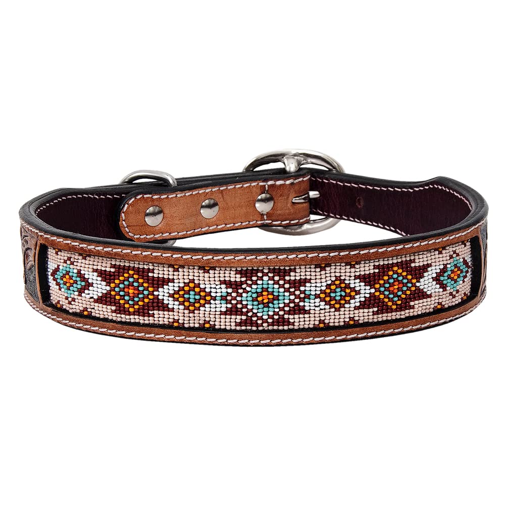 HILASON Genuine Leather Beaded Dog Collar - Large Tan Handmade Soft Hand-Tooled Leather Collar for Medium to Large Dogs - Perfect for Training, Walks & Outdoor Adventures