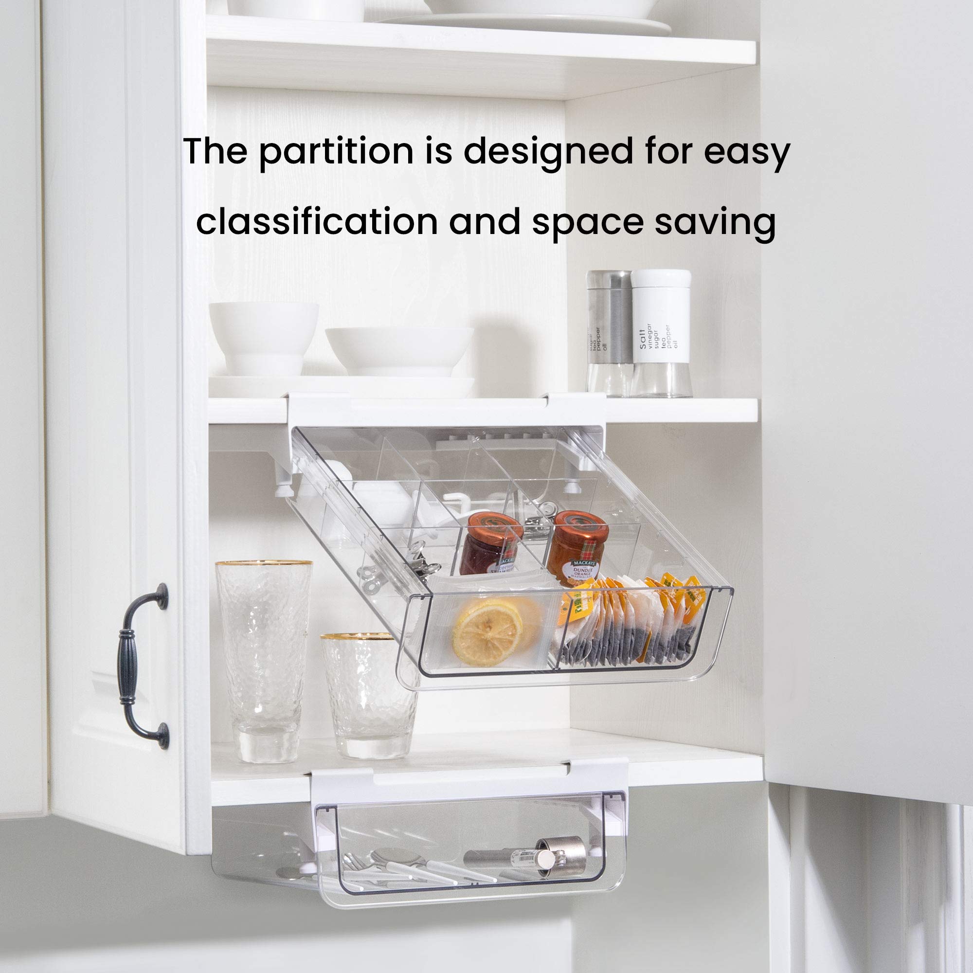 Under Shelf Pull Out Drawer Organizer - Removable Divider, Hanging Storage Basket for Kitchen Pantry & Closet | Easy Install Durable BPA-Free Cabinet Accessories | Perfect for Spice Racks, Bathroom Supplies & Office Organization