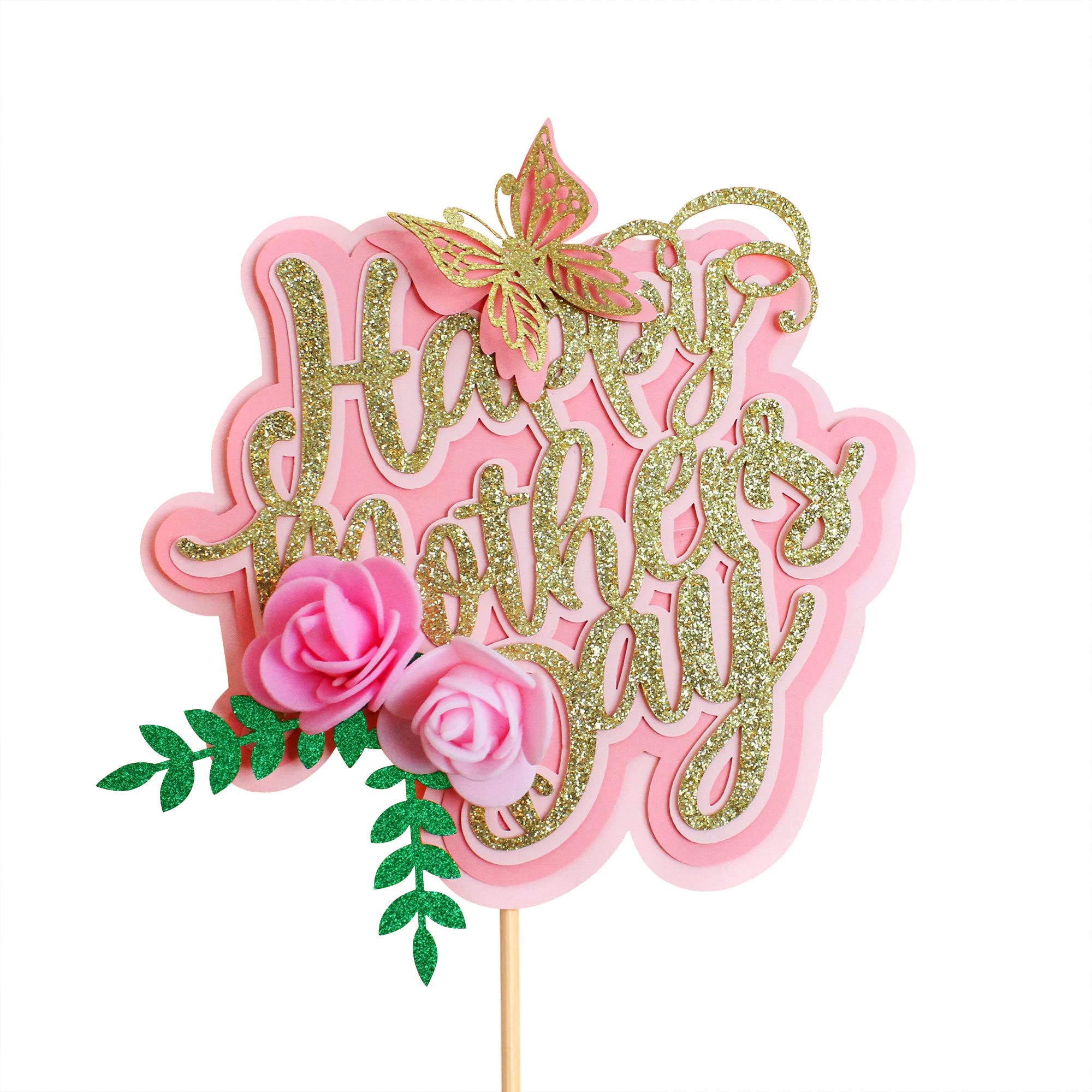 Gold Glitter Happy Mother's Day Cake Topper - Elegant Mom Letter Cake Decoration with Butterfly & Flower Design for Birthday Party, Wedding, Baby Shower & Special Celebrations