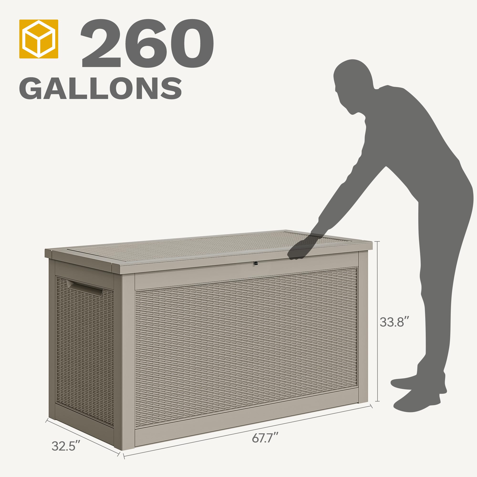 DWVO 260 Gallon Resin Outdoor Storage Box - XXL Waterproof Deck Box with 1000 lbs Capacity, Lockable Lid, Doubles as Patio Table or Seating (Brown) - Perfect for Backyard, Garden, Poolside & Deck Storage Organization