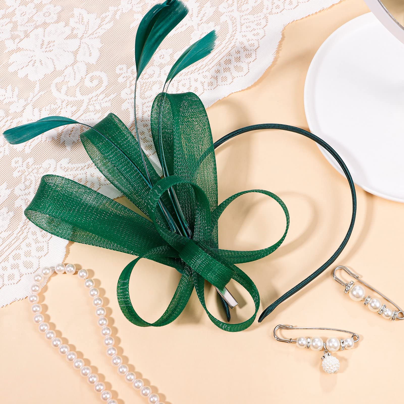 Elegant Dacitiery Women's Feather Alice Band Fascinator Hair Clip - Mesh Flower & Feather Headband for Weddings, Tea Parties, Races, Ascot & Cocktail Events (Green) | Perfect for Bridal, Prom & Formal Occasions