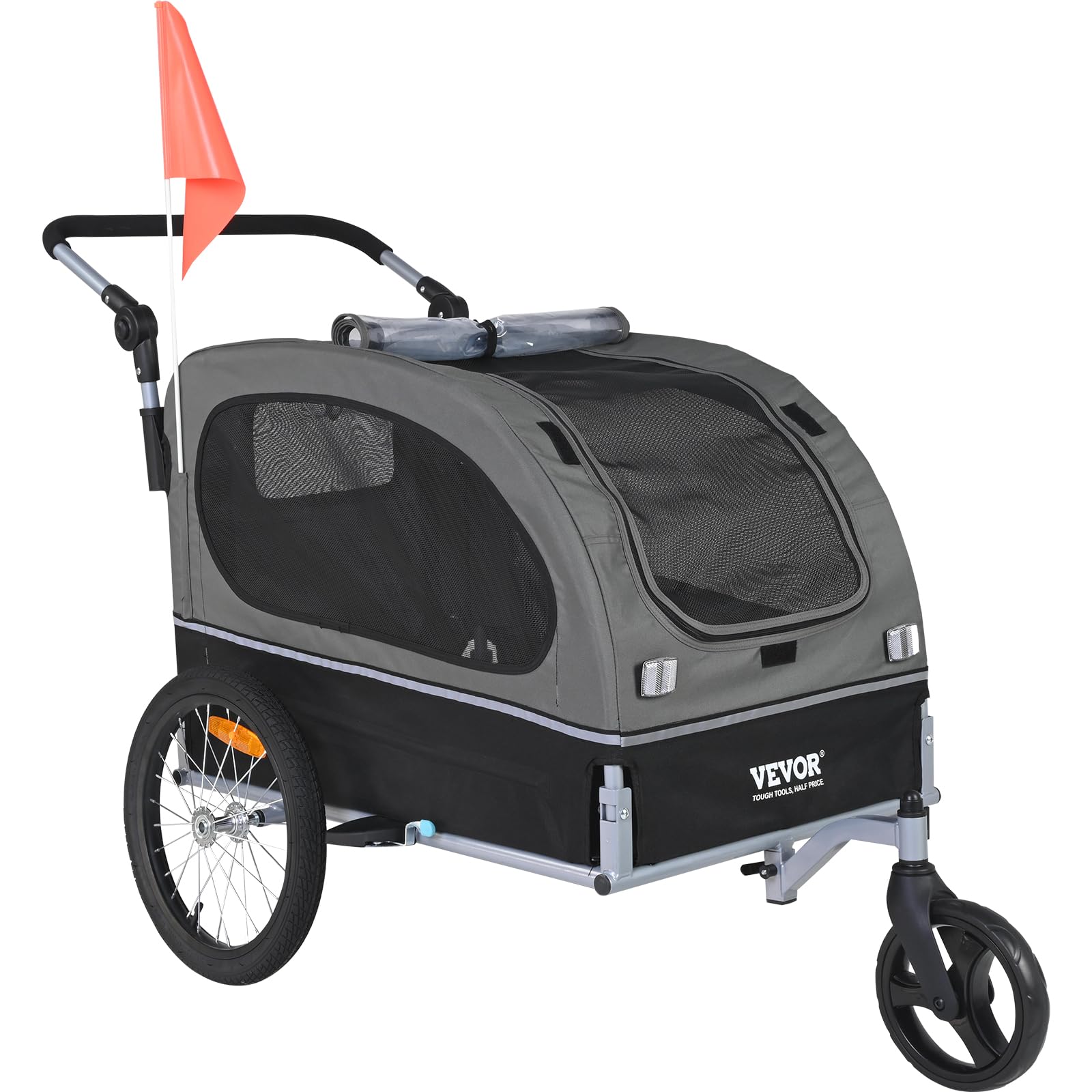 VEVOR 2-in-1 Dog Bike Trailer & Pet Stroller - Heavy Duty 88 lbs Capacity Bicycle Carrier for Large Dogs - Foldable Frame with Quick Release Wheels, Universal Coupler, Safety Reflectors & Flag (Black/Gray) - Perfect for Cycling Adventures, Park Visits & Outdoor Activities with Your Pet