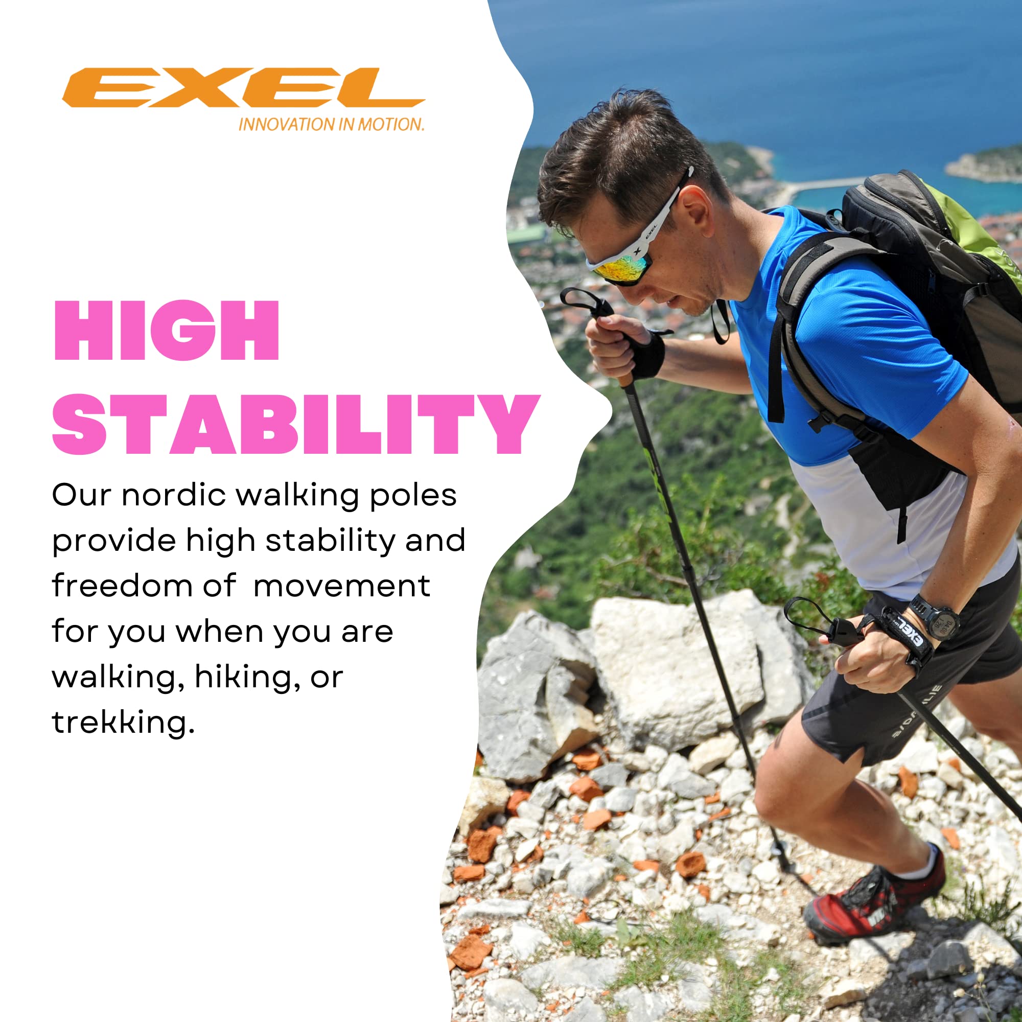 Exel Nordic Walking Poles for Seniors & All Ages - Lightweight Adjustable Trekking Poles for Hiking, Walking, Fitness & Outdoor Activities - Ergonomic Walking Sticks for Balance, Posture & Joint Support - Perfect for Trail Hikes, Urban Walking & Rehabilitation Exercises