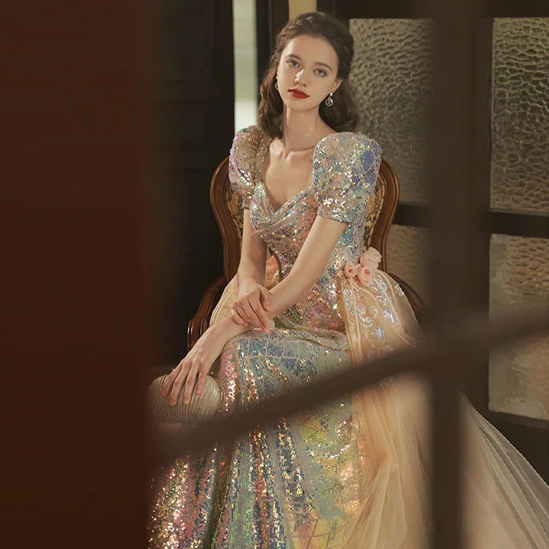 Elegant Gradient A-Line Long Prom Dress with Sequins - Formal Evening Gown for Homecoming, Wedding, and Special Occasions