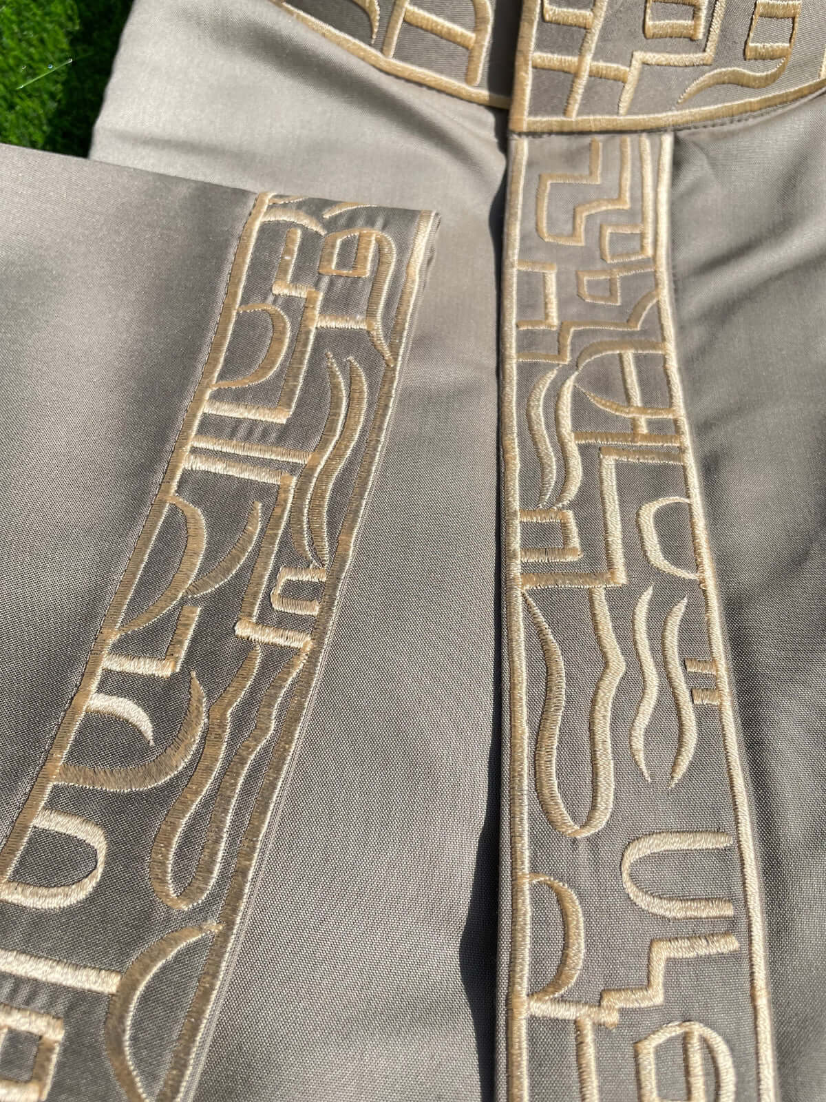Premium Men's Silvered Sage Saudi Thobe with Gold Embroidery - Traditional Arabic Robe for Eid, Wedding & Special Occasions