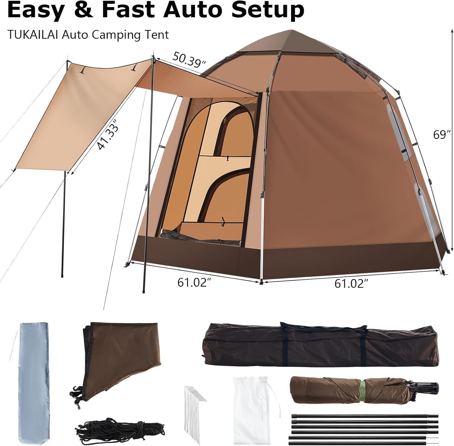 TUKAILAI Instant Camping Tent - Hexagonal Automatic Pop Up Dome Tent with 4 Mesh Windows & Door, Easy Setup for Outdoor Adventures, Backpacking, Hiking & Family Camping Trips
